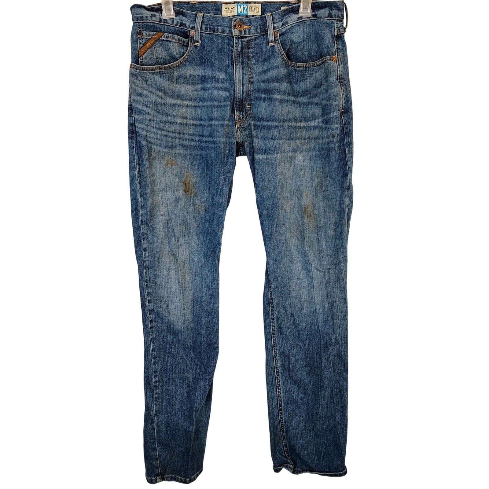 Ariat M2 Legacy Mens Relaxed Boot Cut Jeans 36×36 Blue Denim Stained Workwear