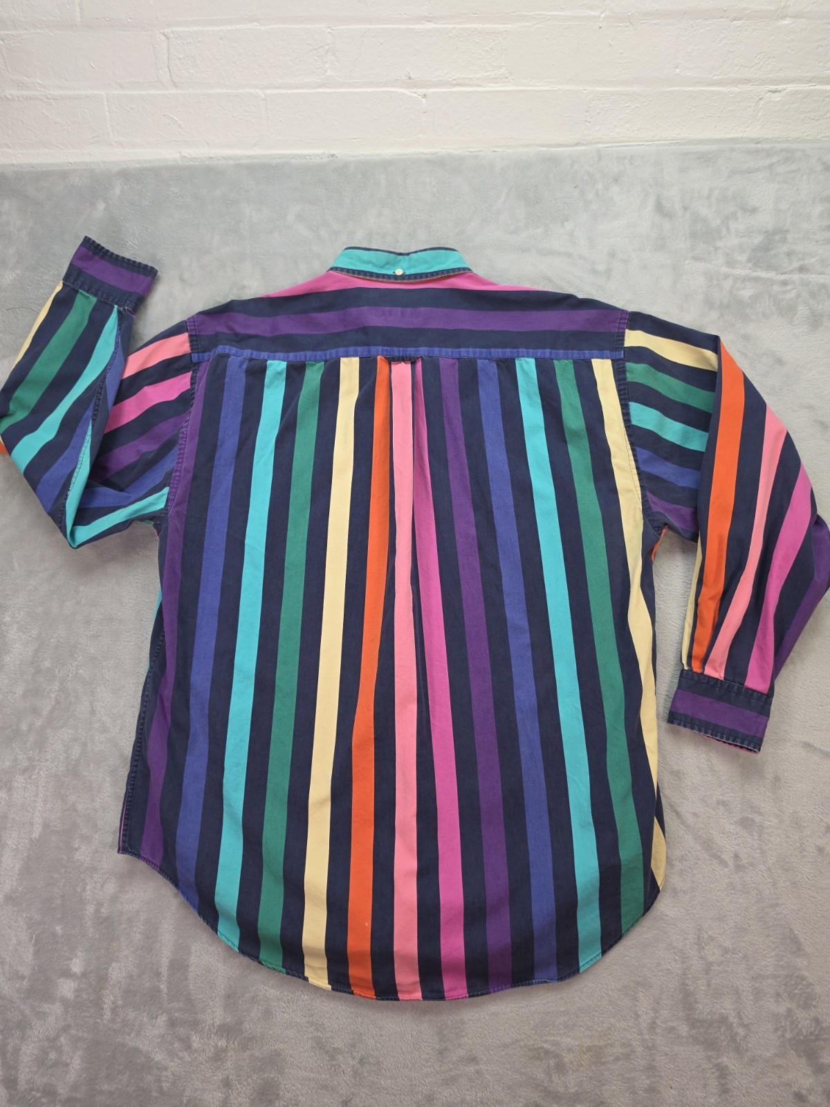 Norsport Button Down Shirt Rainbow Stripe Long Sleeve Cotton Large L Vintage
