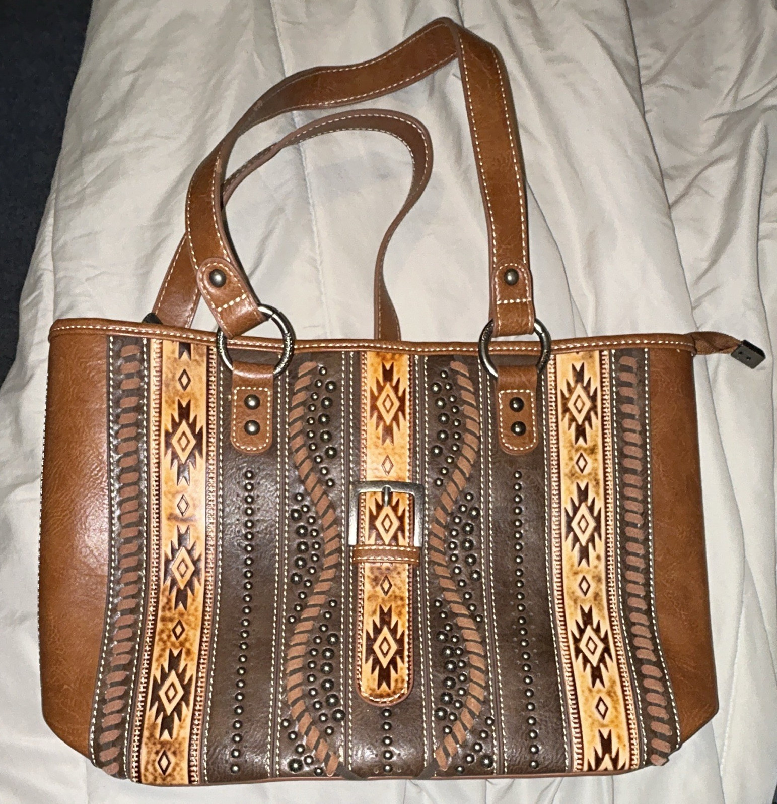 Montana West Brown Western Geometric Studded Tote Zip Inner/Outer Pockets