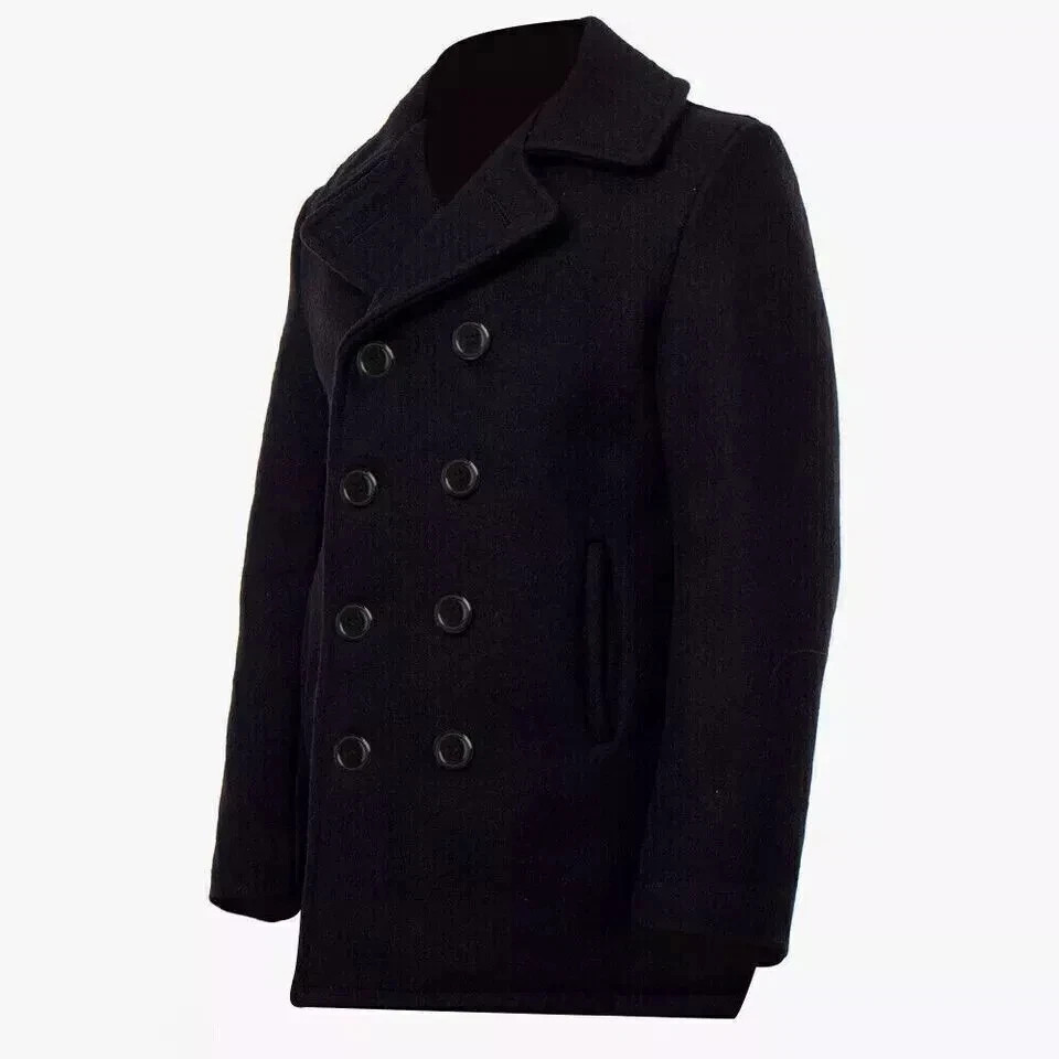 Mens US Navy Black Pea Coat Mens Wool Blend Double Breasted Jacket – Top Quality