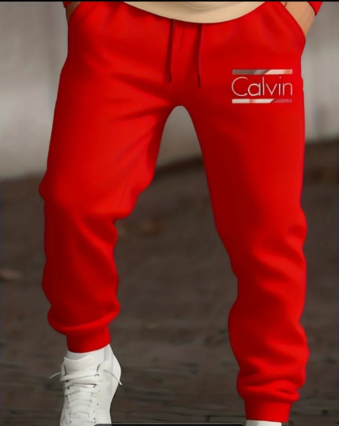 Calvin Colorblock Tracksuit Set Hoodie & Pants Red Beige Men 2 Piece
