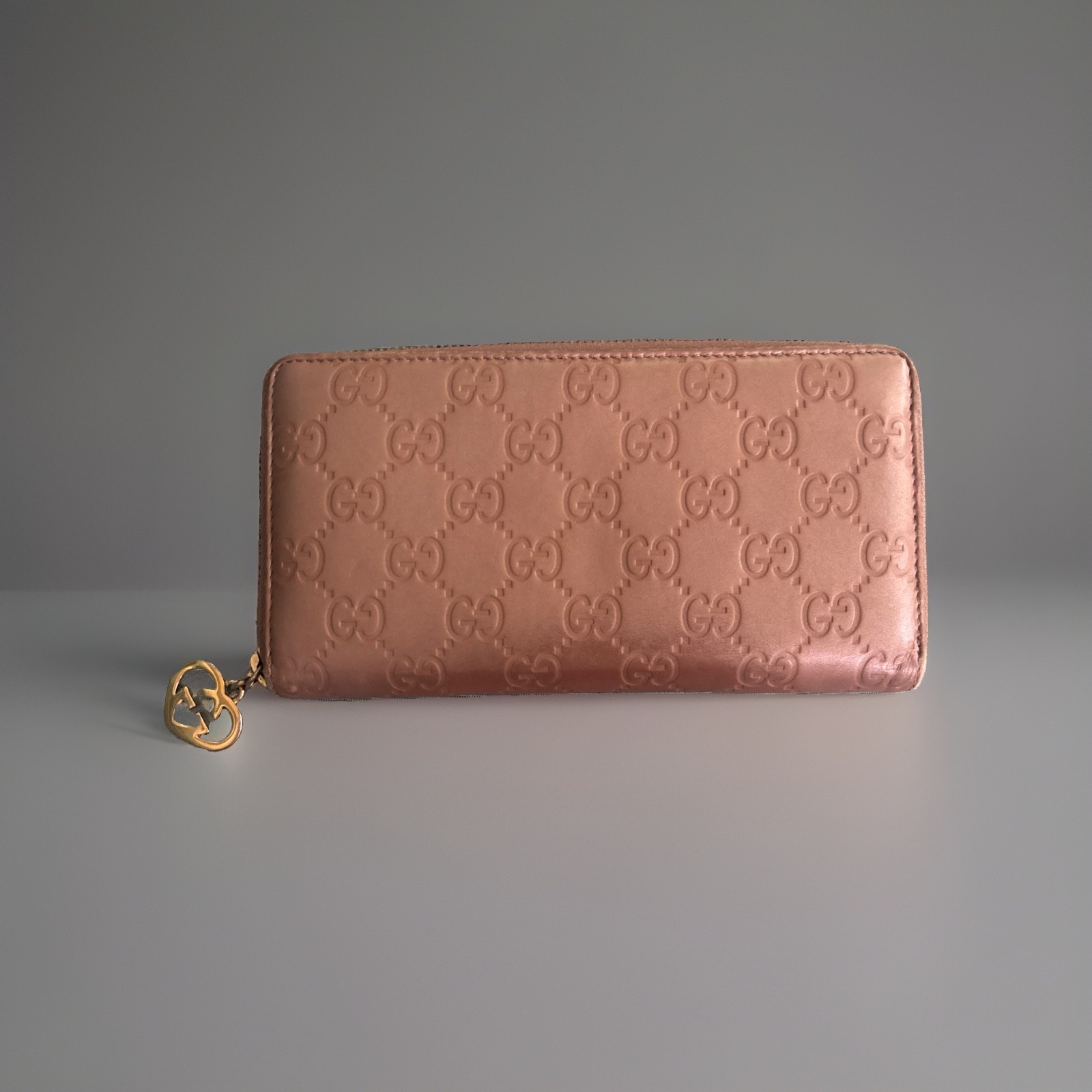 Gucci Bronze Guccissima Leather Zip Around Continental Wallet GG Heart Charm