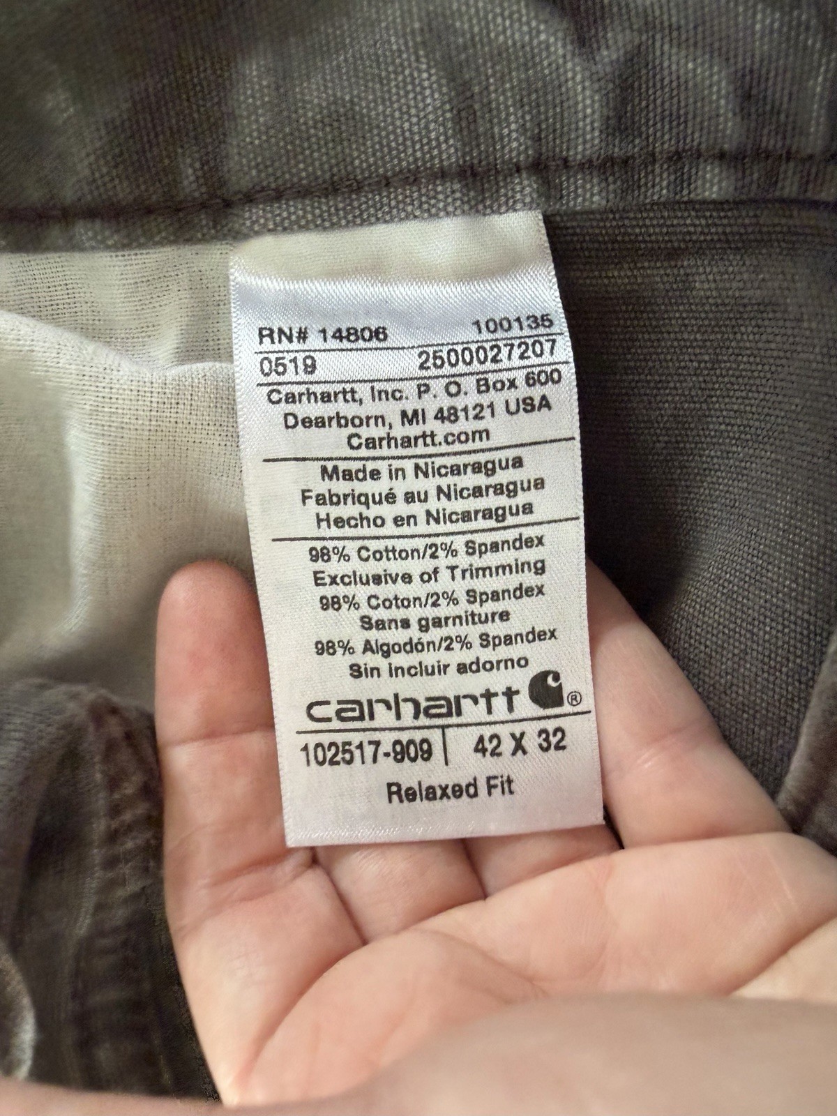 Carhartt Men’s Relaxed Fit Rigged Flex Gray Canvas Work Pants Stretch 42W