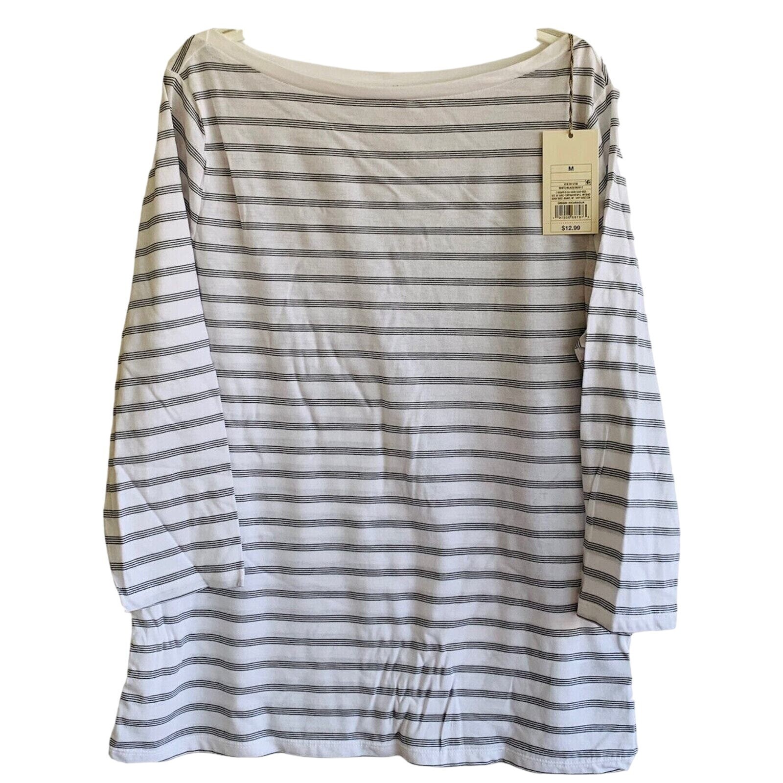 A New Day Women’s Sz Medium 3/4 Sleeve Boat Neck Striped Top Black White