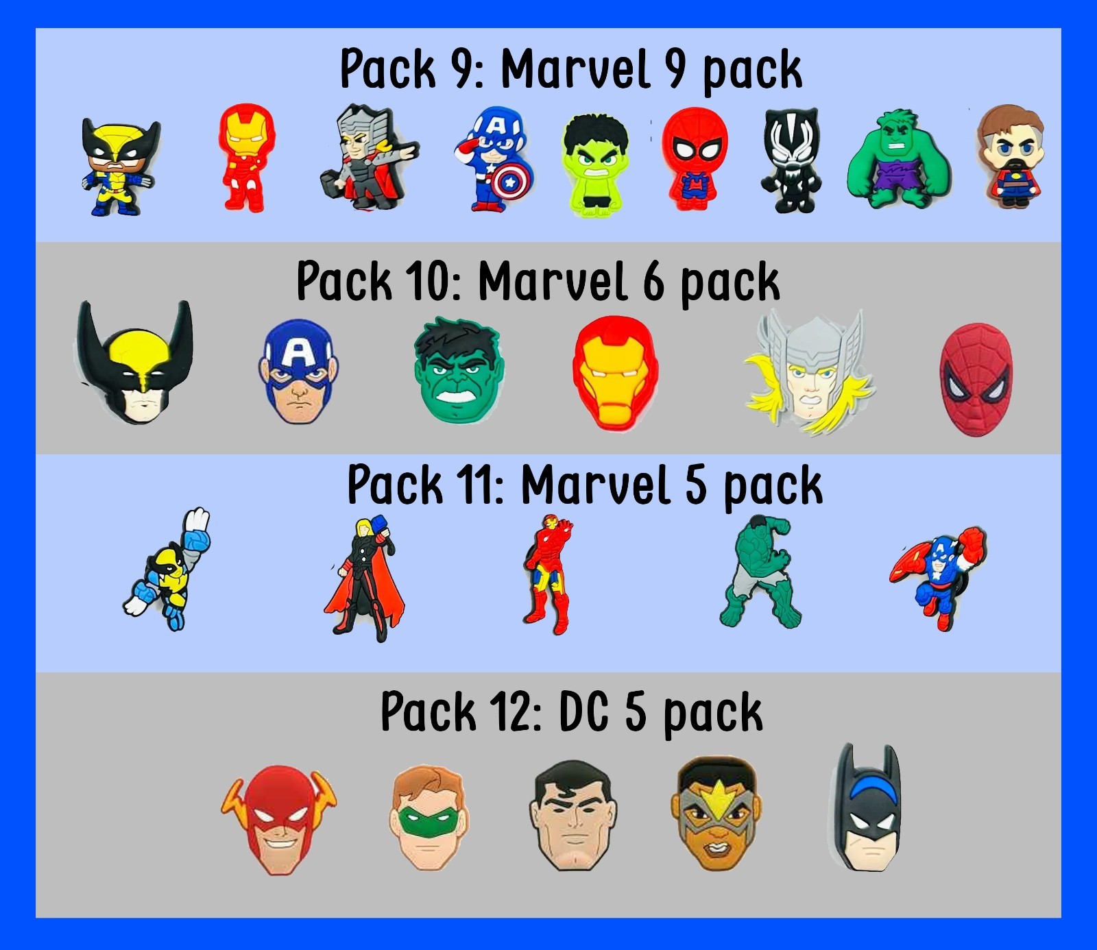 Comic Super Hero Shoe Charms, Fits Croc-style shoes, Popular Character Gift Lot