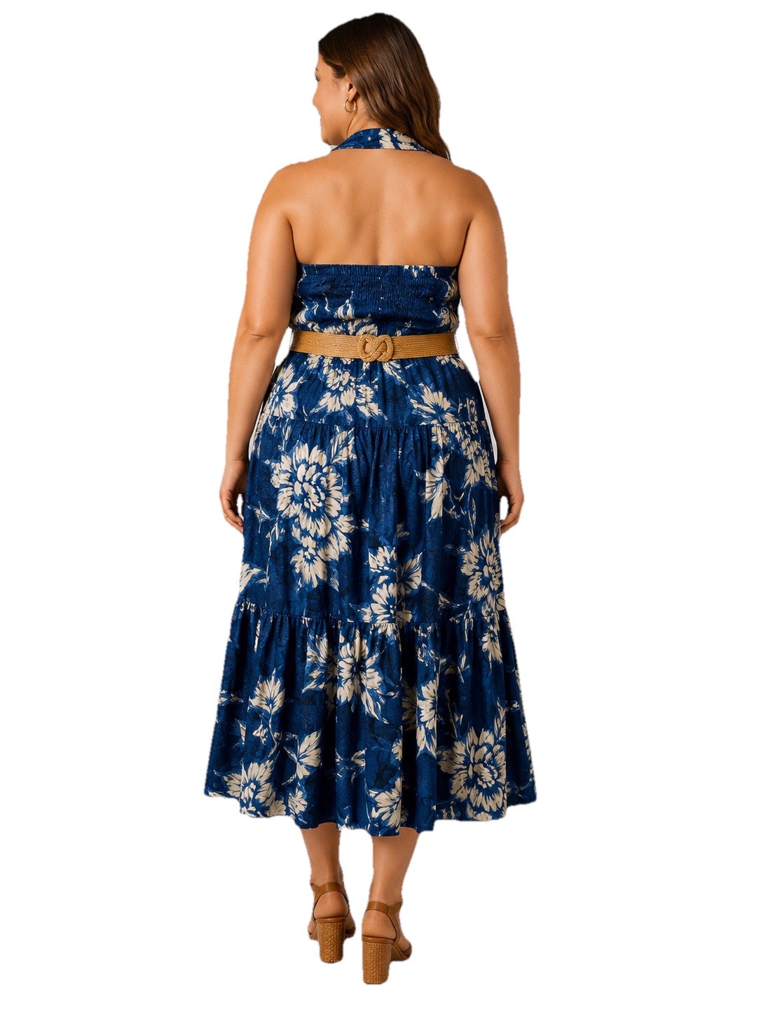 Donna Karan New York 18W Blue Floral Halter Midi Dress Belted Cotton