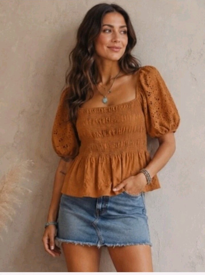 Maurices Boho Rust Eyelet Smocked Square Neck Puff Sleeve Peplum Blouse 1X
