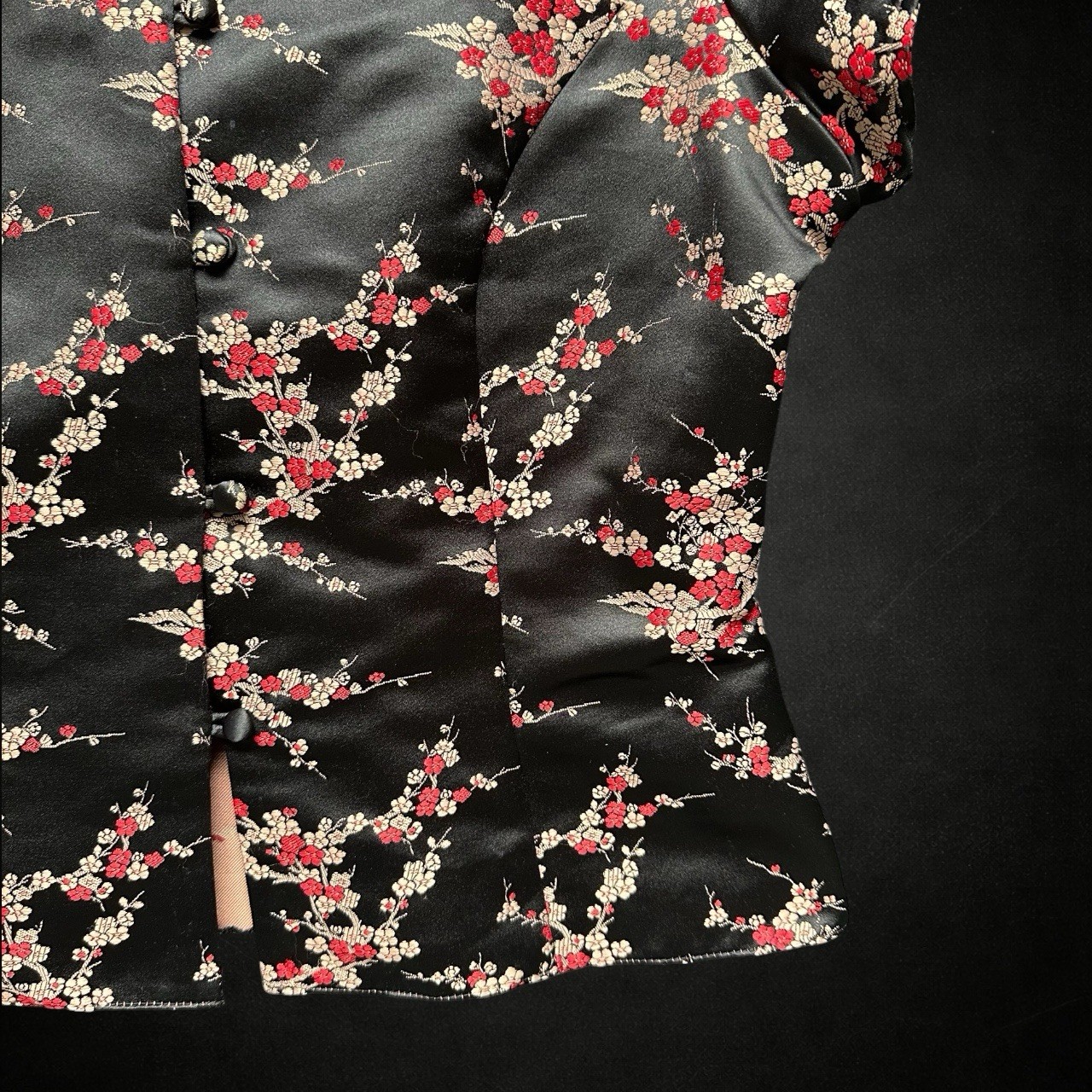 Principles Womens Y2K Asian Inspired Top 14 Black Red Floral Fitted Blouse 90s