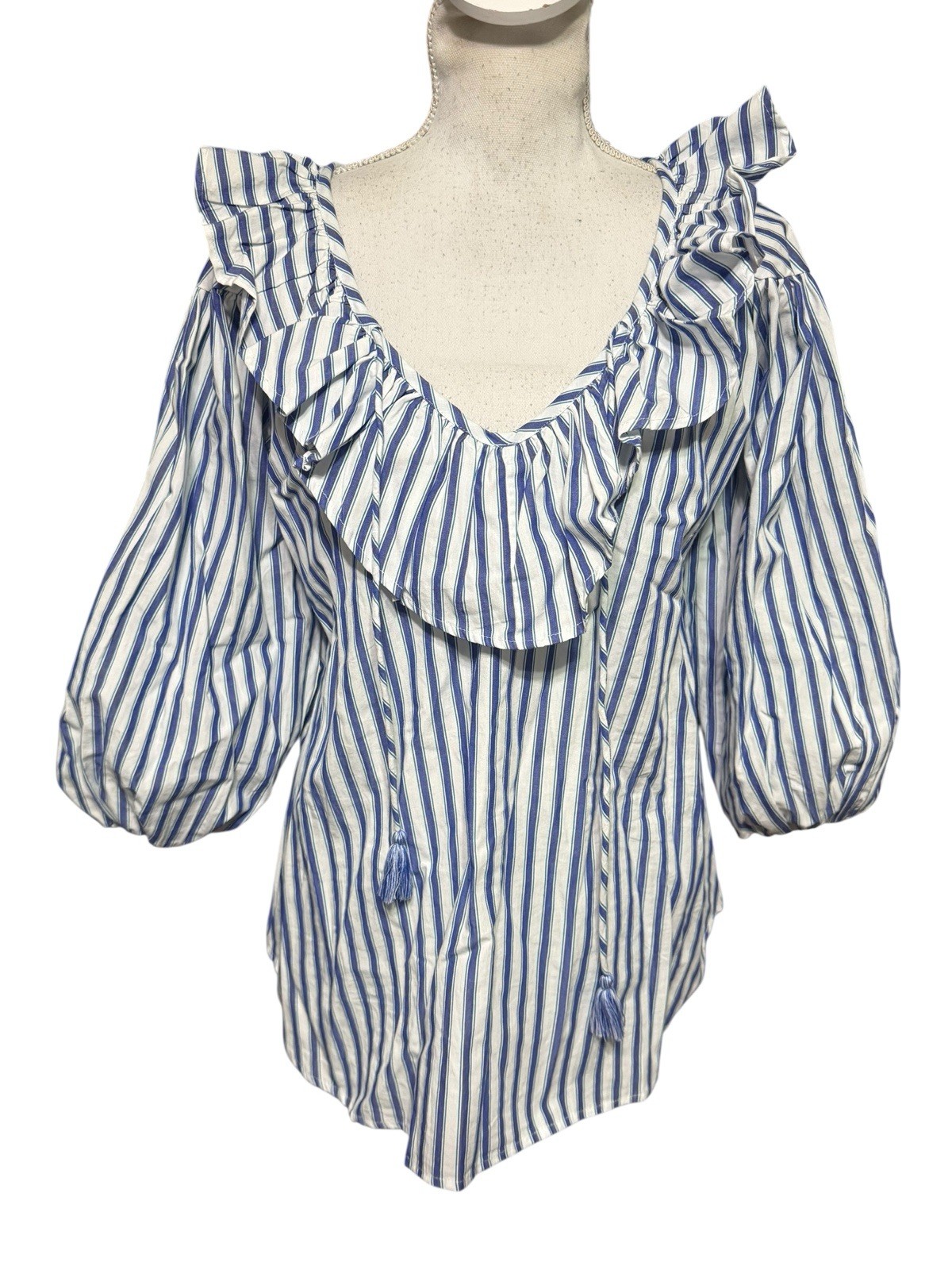 Mille Resort & Travel May Ruffle Striped Cotton Blouse – Blue $168