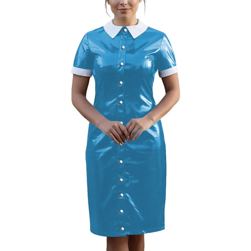 Vintage Wetlook PVC Leather Party Uniform Club Vestidos Bodycon Midi Dress