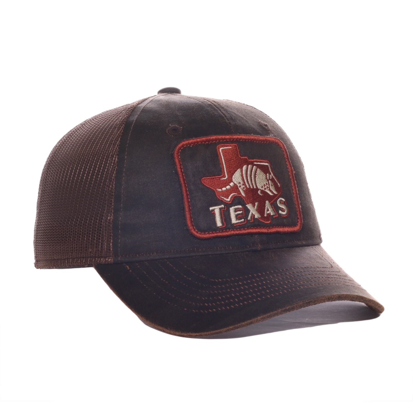 Texas Armadillo Trucker Hat, Brown Cotton Blend Mesh Back Snapback Cap