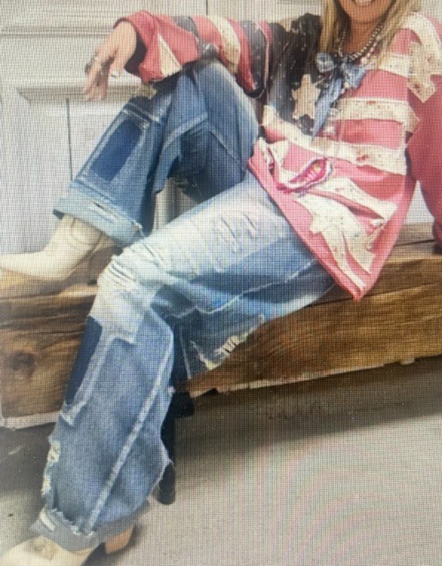 A Rare Bird Women Distressed Patchwork Grunge Elastic Waist Denim Jeans NWT