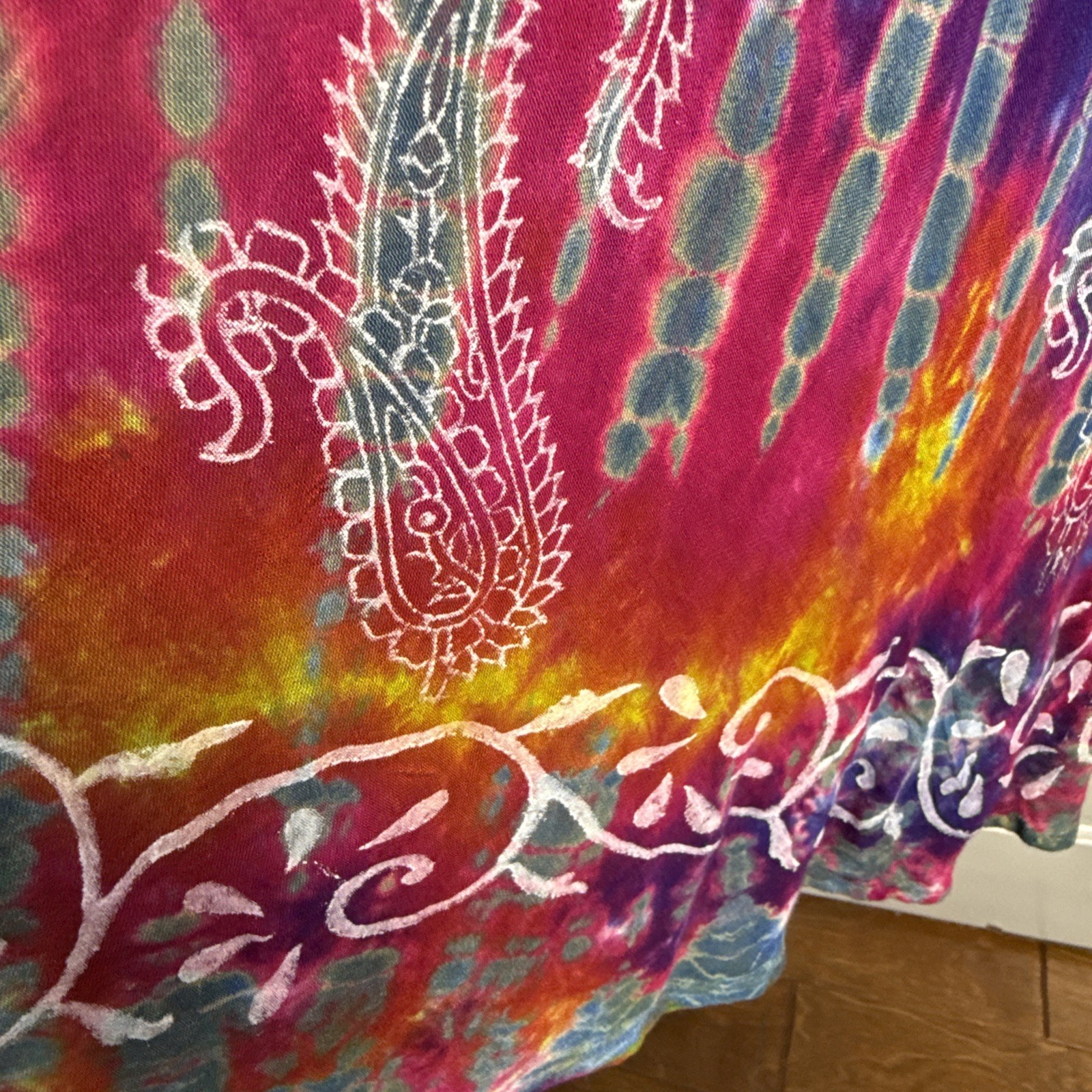India Boutique Womens Dress Boho Flowy Coverup OS Tie‑Dye Paint Floral Lace Trim