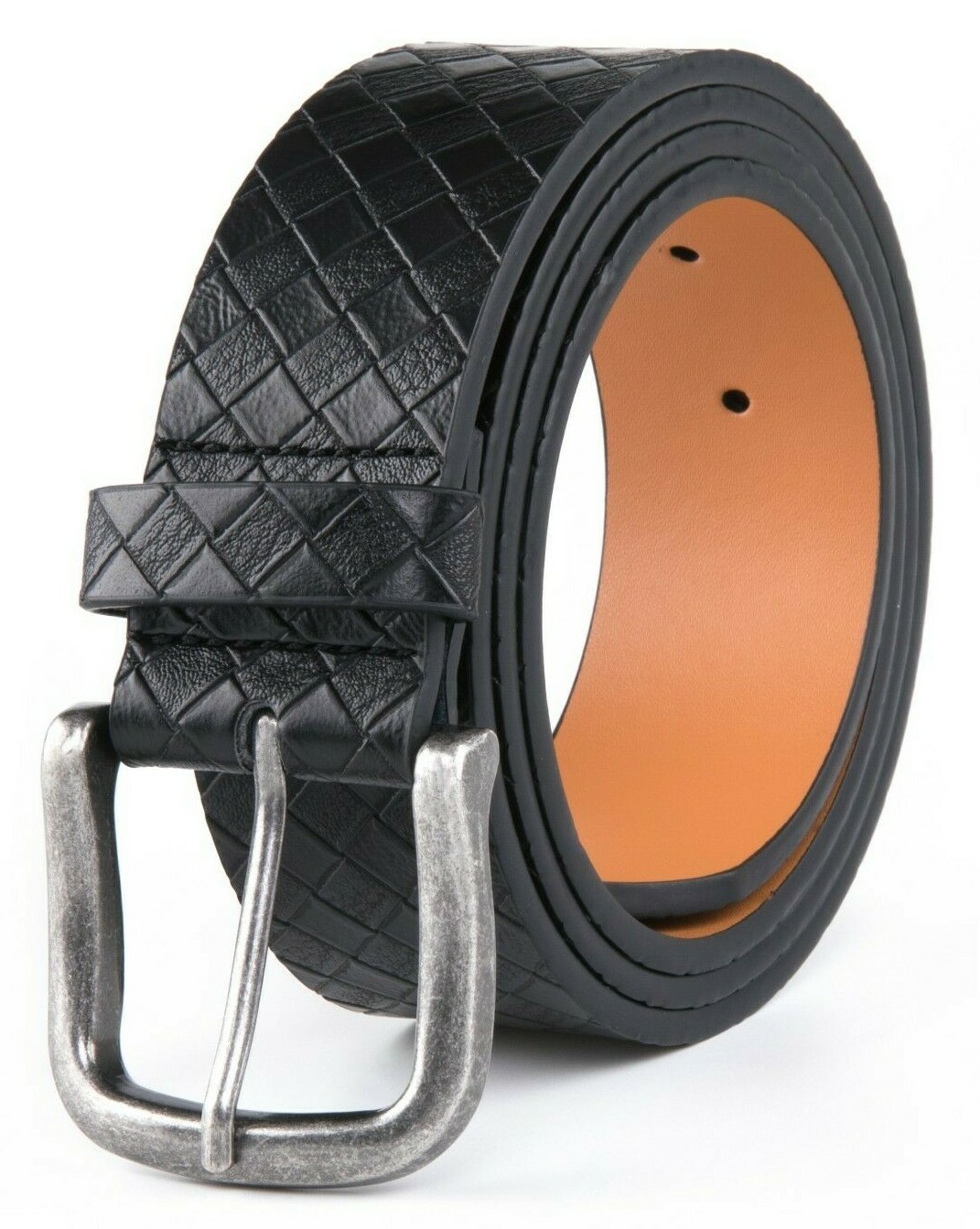 Men’s Belt Genuine Leather Grid Pattern Casual Dress Belts 1.5inch Width