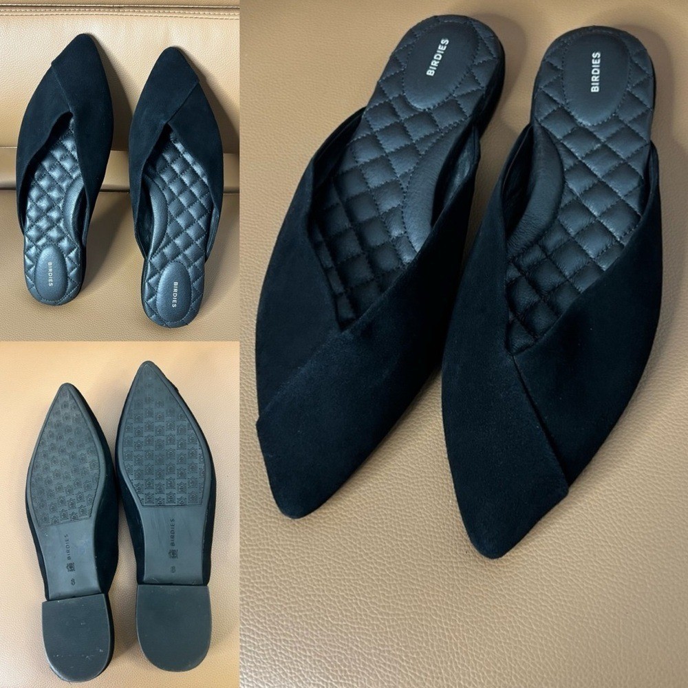 Birdies Black Pointed-Toe Flats Cushioned Comfort Quilted Insole Sz 8