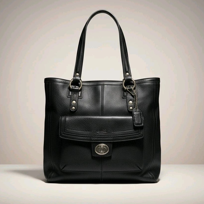 COACH Penelope Shoulder Bag Black Pebbled Leather F19264 Front Turn-Lock Tote