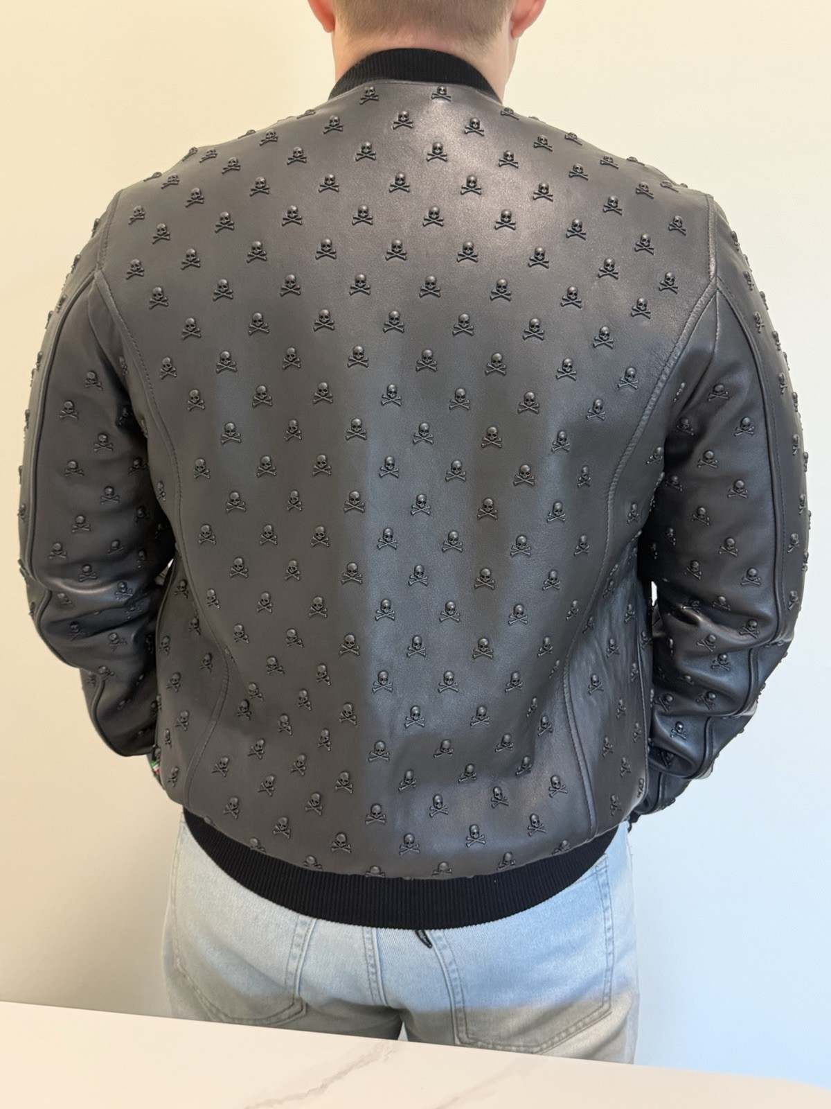 Philipp Plein Men’s Leather Bomber Jacket Black Skull Pattern Full Zip Size S