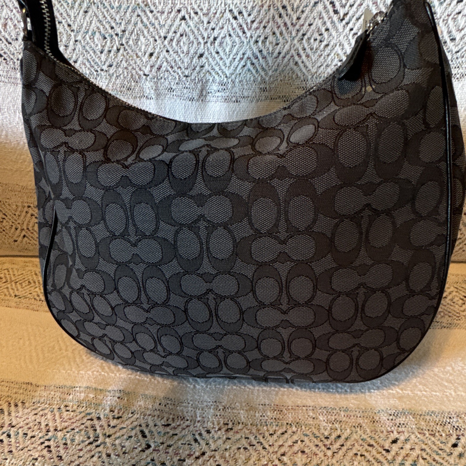 Coach Signature Crescent Shoulder Bag Black Gray Zip Closure Silver Hardware