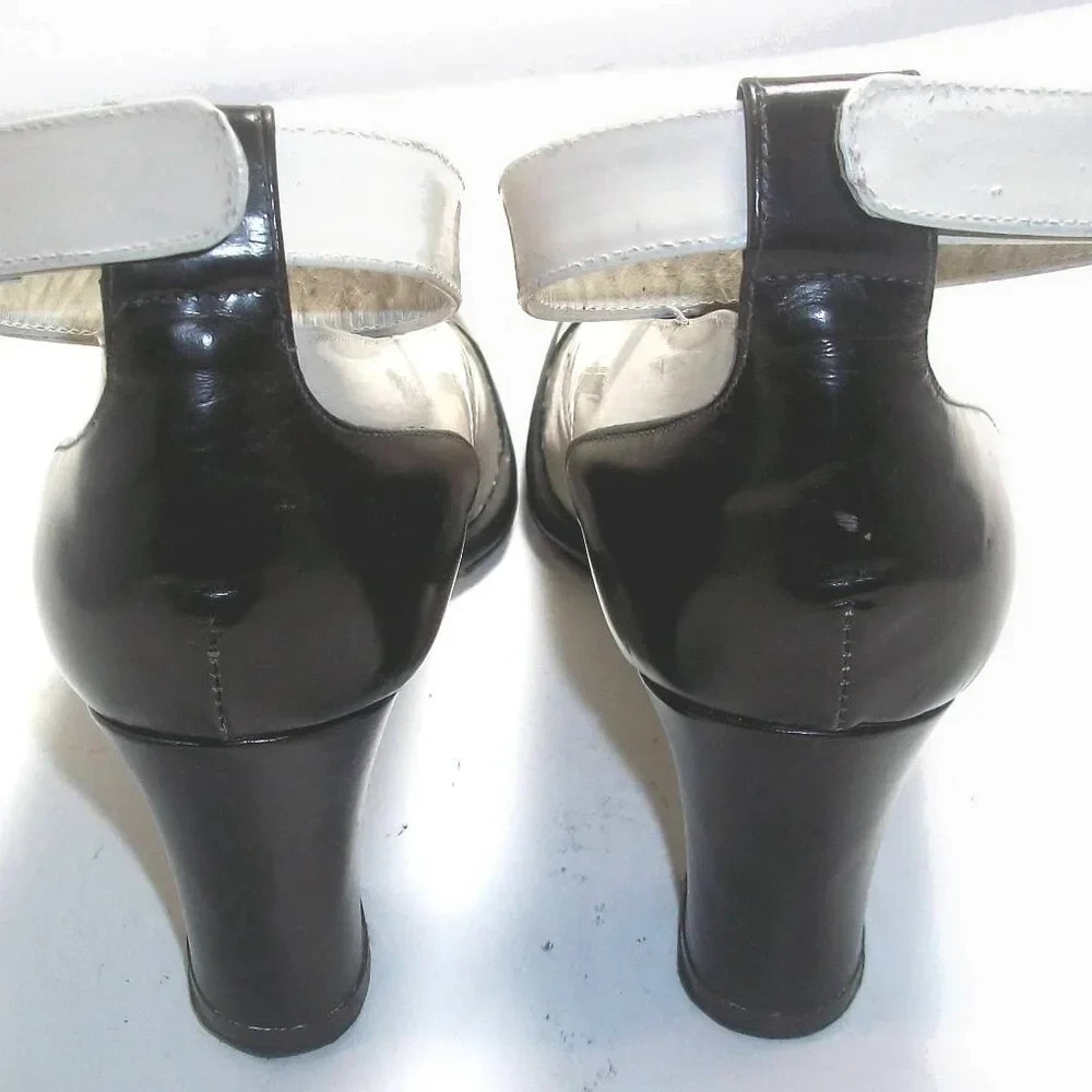 Vtg 90’s Black & Cream Chunky Cap-Toe Ankle Strap Pumps Made in Italy 9M 39M