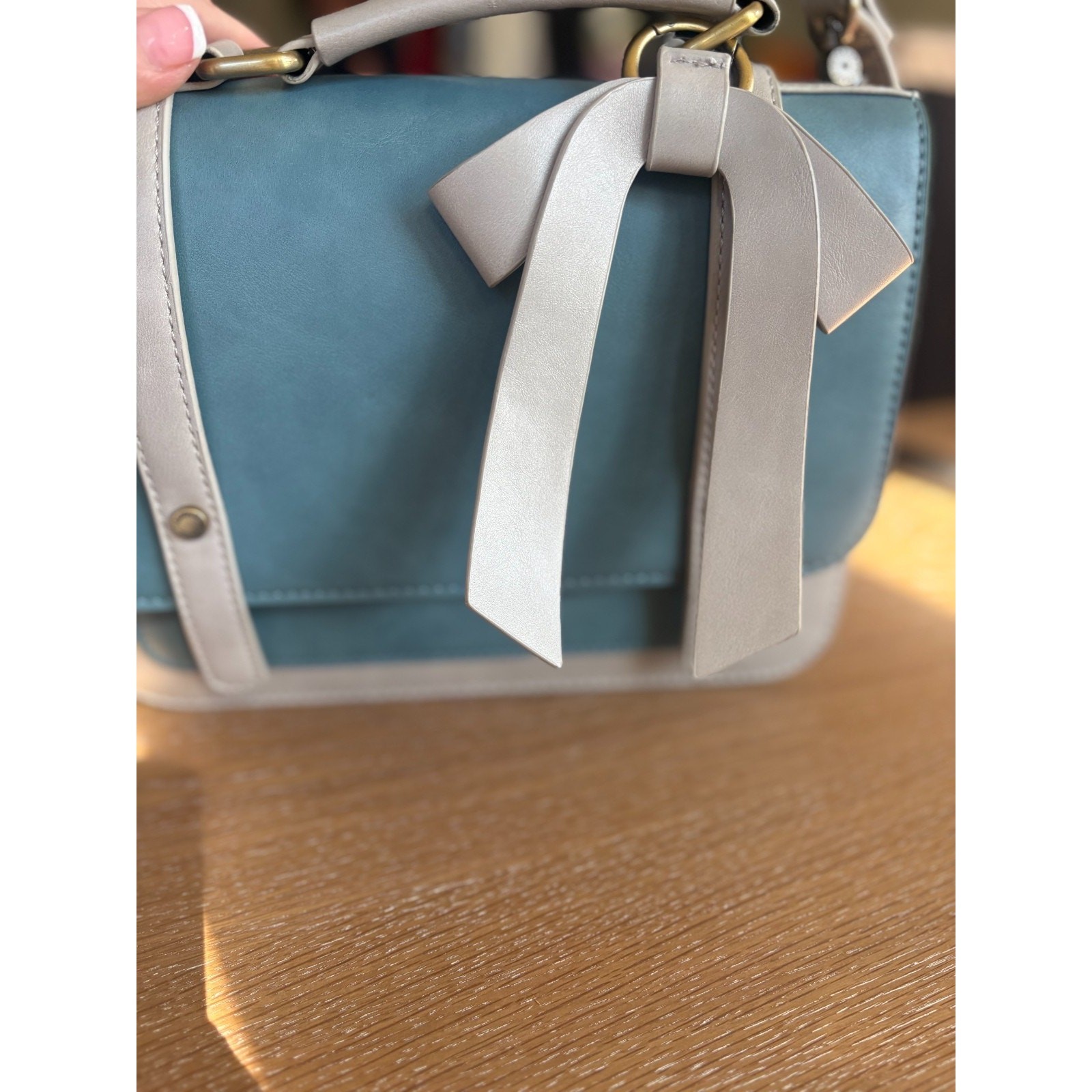 ECOSUSI Blue & Beige Two-Tone Messenger Bag – Detachable Bow – Retro Satchel