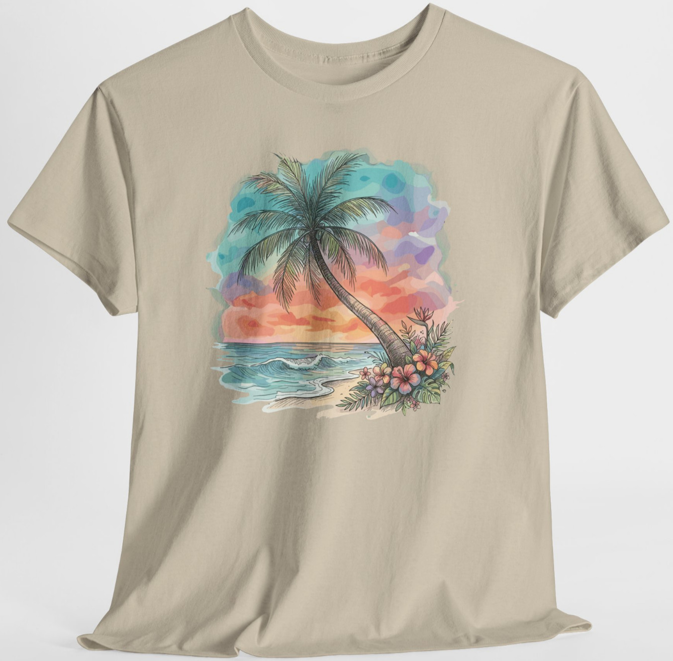Sunset Beach Palm Tree Ocean Gift Graphic T Shirt Tee Top S-XL, Plus 2X 3X 4X 5X