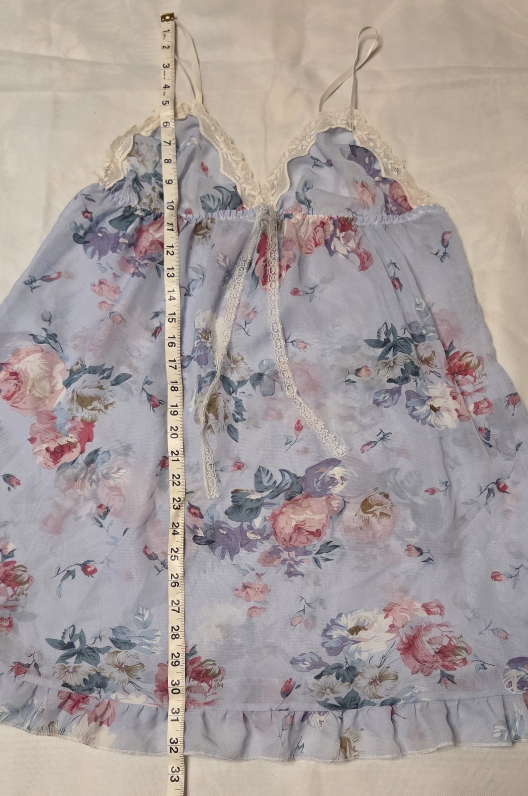 Women’s Size L Light Blue Floral Translucent Lace Trim Thin Strap Nightgown