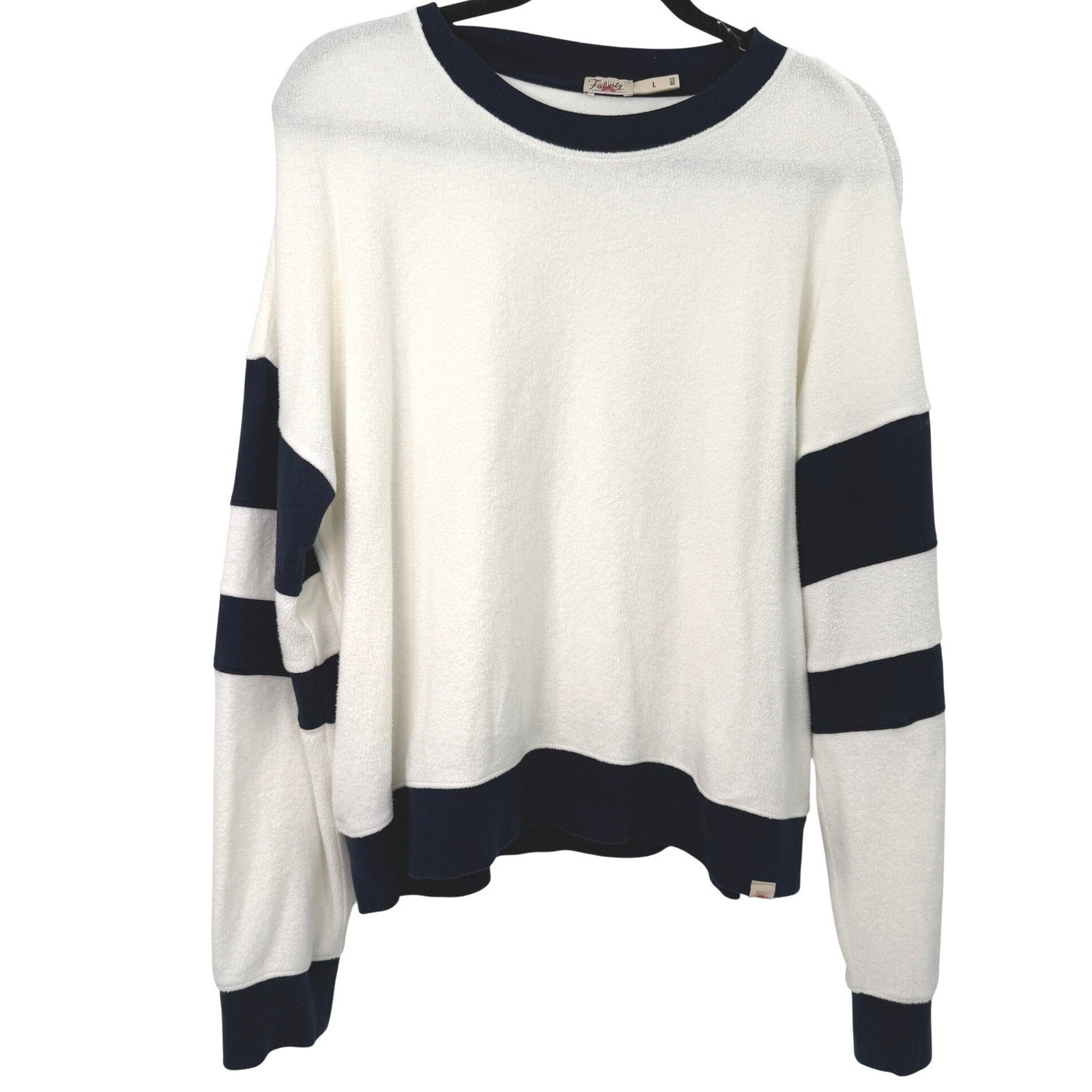 Faherty Beach Fleece Ringer Crew Women L Coastal Nautical Retro Preppy Soft