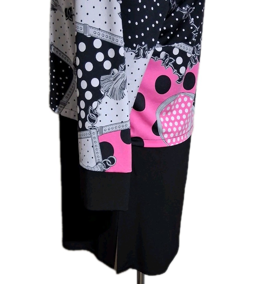 Nygard Layered Tunic Stretch Top Pink Black White Mixed Print 3/4 Sleeve Small
