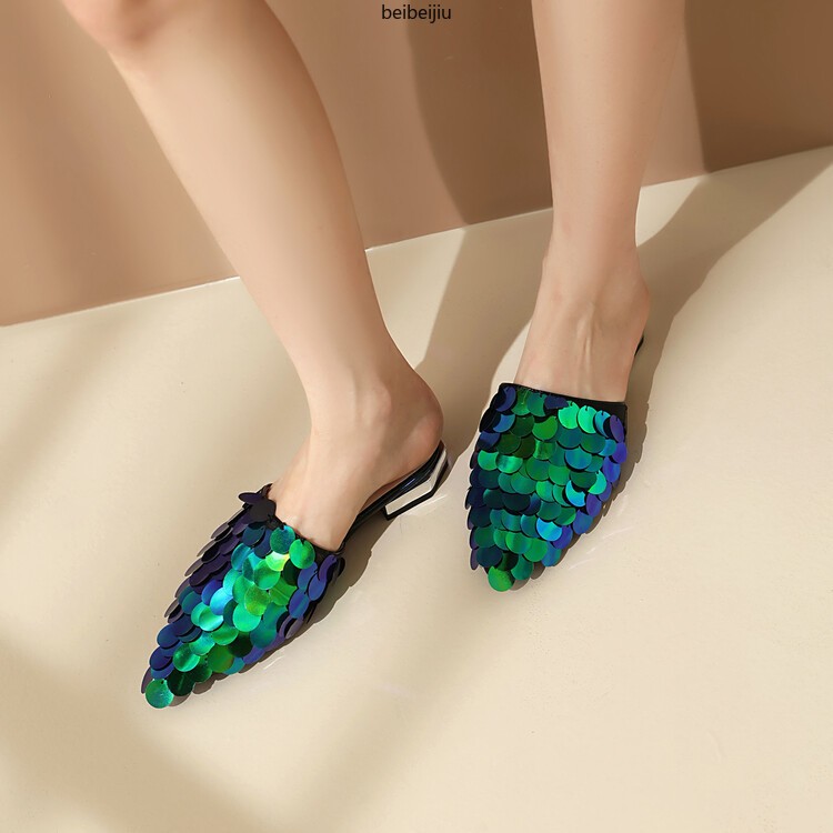 Glitter Sequins Women’s Flat Slipper Pointed Toe Mules Sandals Casual 46/47/48
