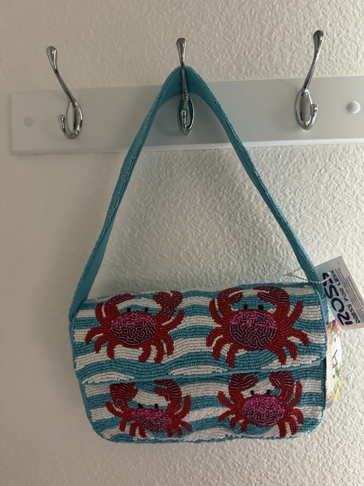 Beaded Crab Striped Blue White Small Shoulder Bag Lined Snap Inner Pockets