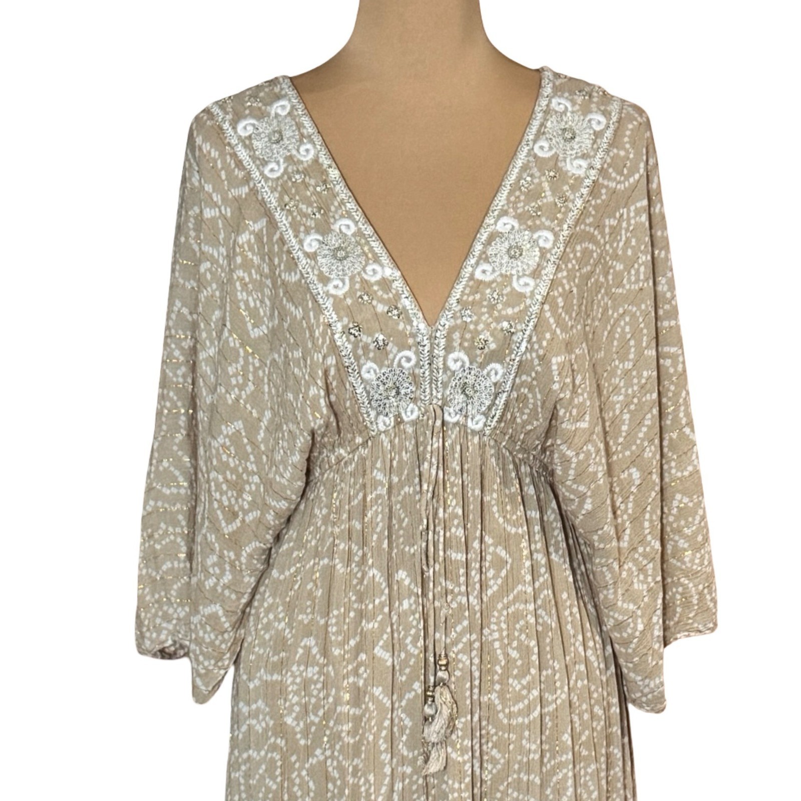 Flowy Boho Embroidered Cotton Tiered Maxi Dress Sz S Kaftan Beach Babydoll