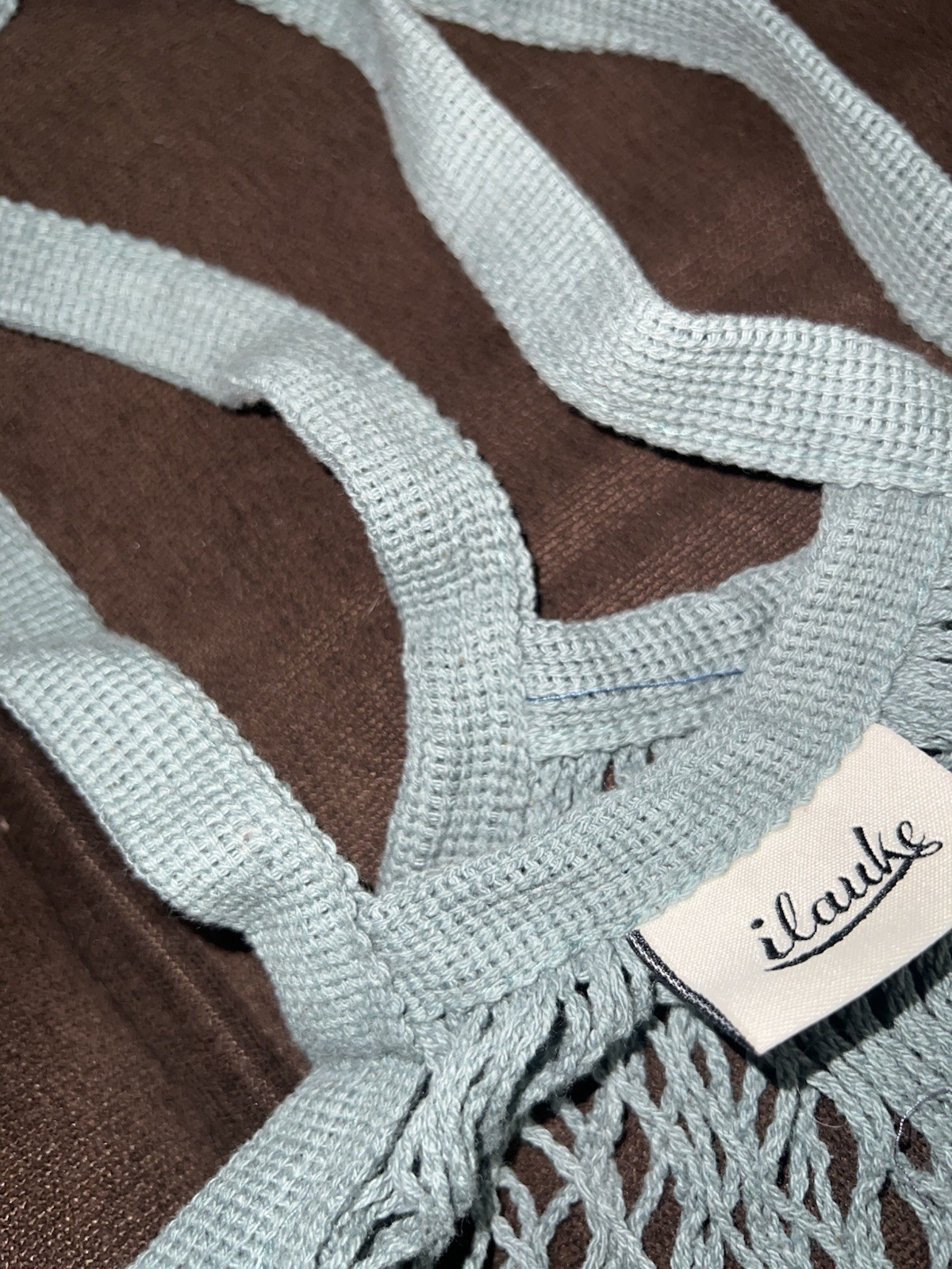 Ilauke Reusable Cotton Knit Mesh Net Tote Bag in Teal color, Lightweight beach.