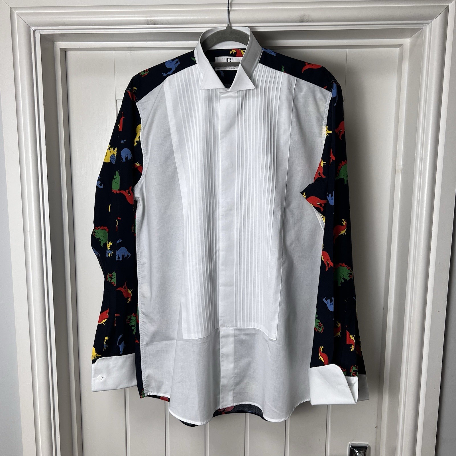 Frederick Theak Tuxedo Shirt Men’s Neck 14.5″ White Dinosaur Pattern Double Cuff