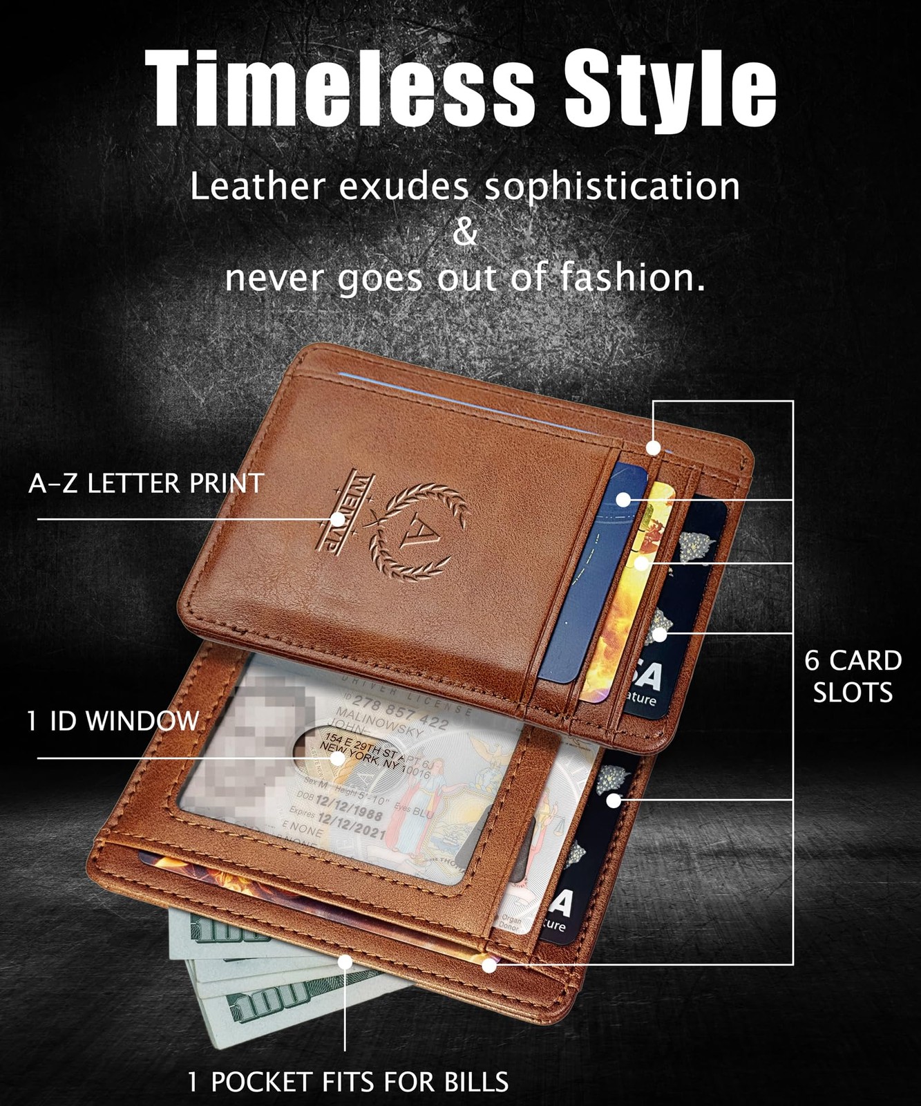 WEMVP Personalized Initial Card Wallet – Deep 11.4 x 8 x 0.8 cm, Retro Brown