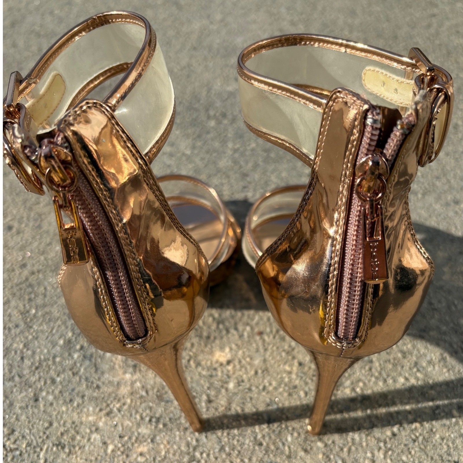 Bebe Rose Gold Metallic Clear Strap Stiletto Sandals Ankle Wrap Heels Size 9