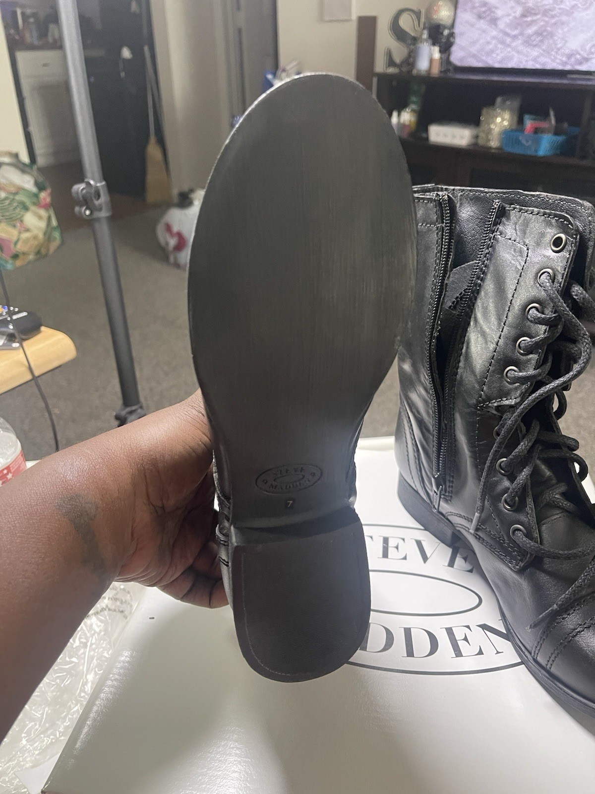 Steve Madden Troopa Black Leather Lace-Up Combat Boots Zipper Cap Toe US 7