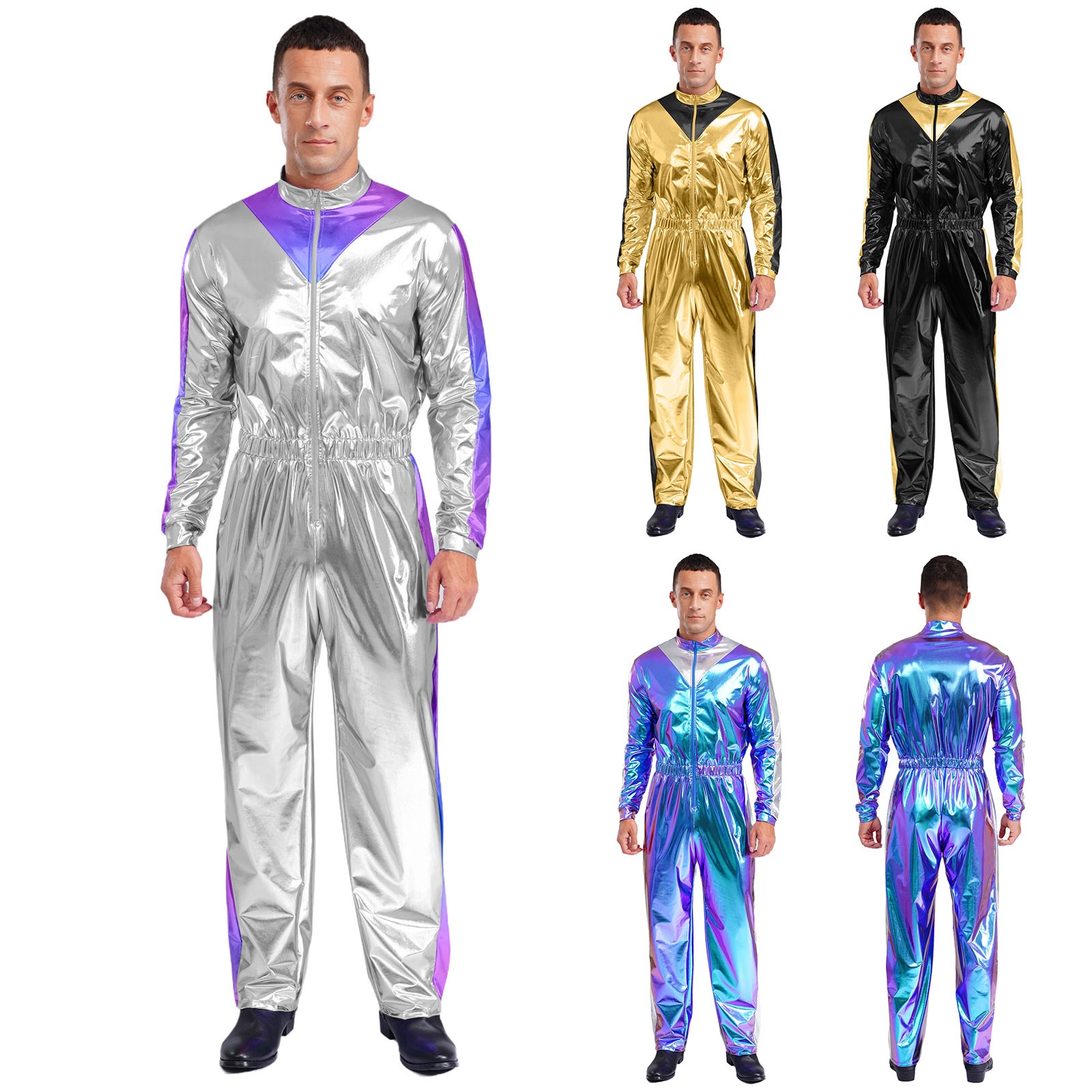 US Men Bodysuit Costume Jumpsuit Mechanical Unitards Sparkly Casual 70s Clubwear