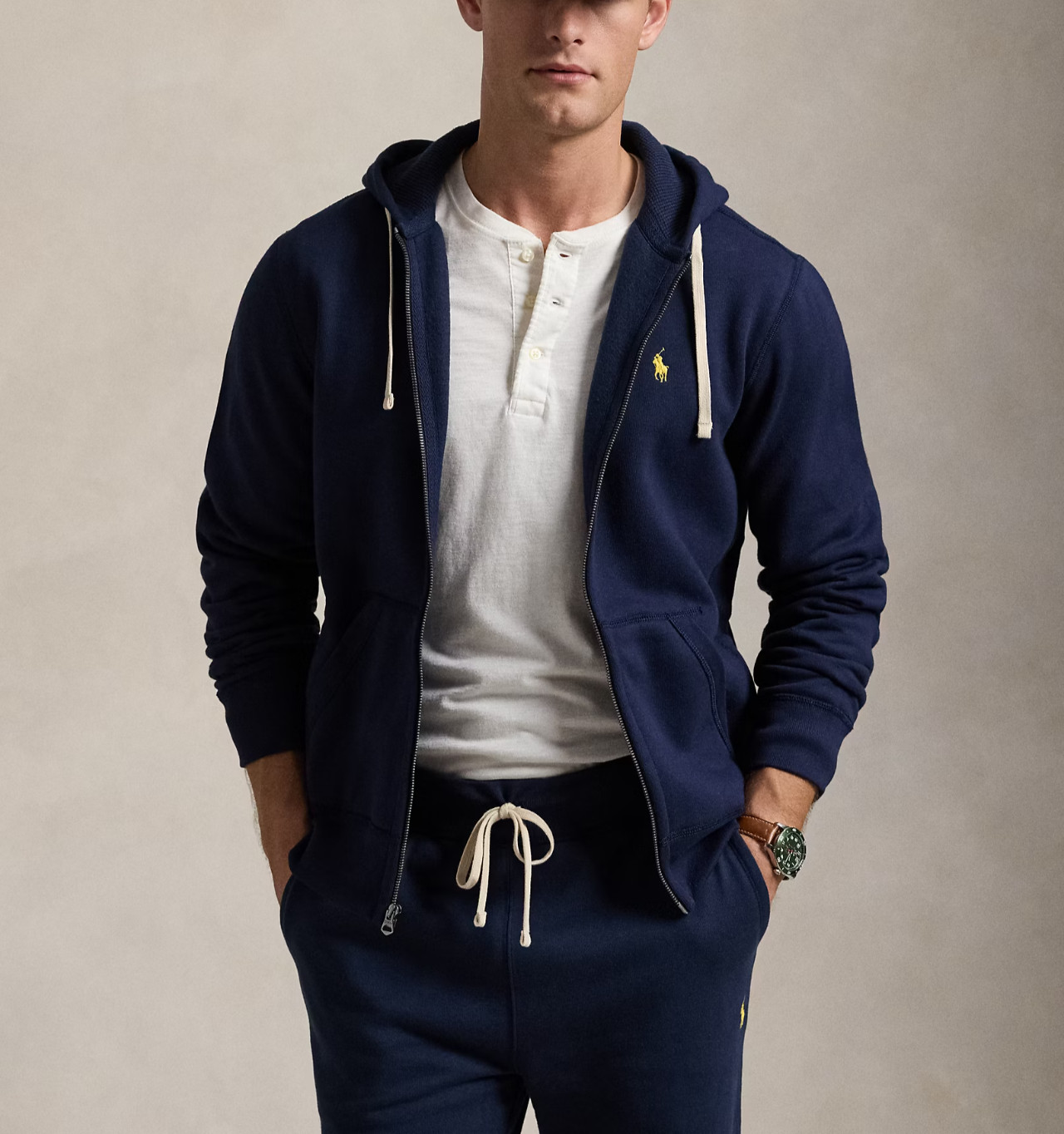 Polo Ralph Lauren Mens Navy Blue Ribbed Cuff Kangaroo Pocket Full-Zip Hoodie M