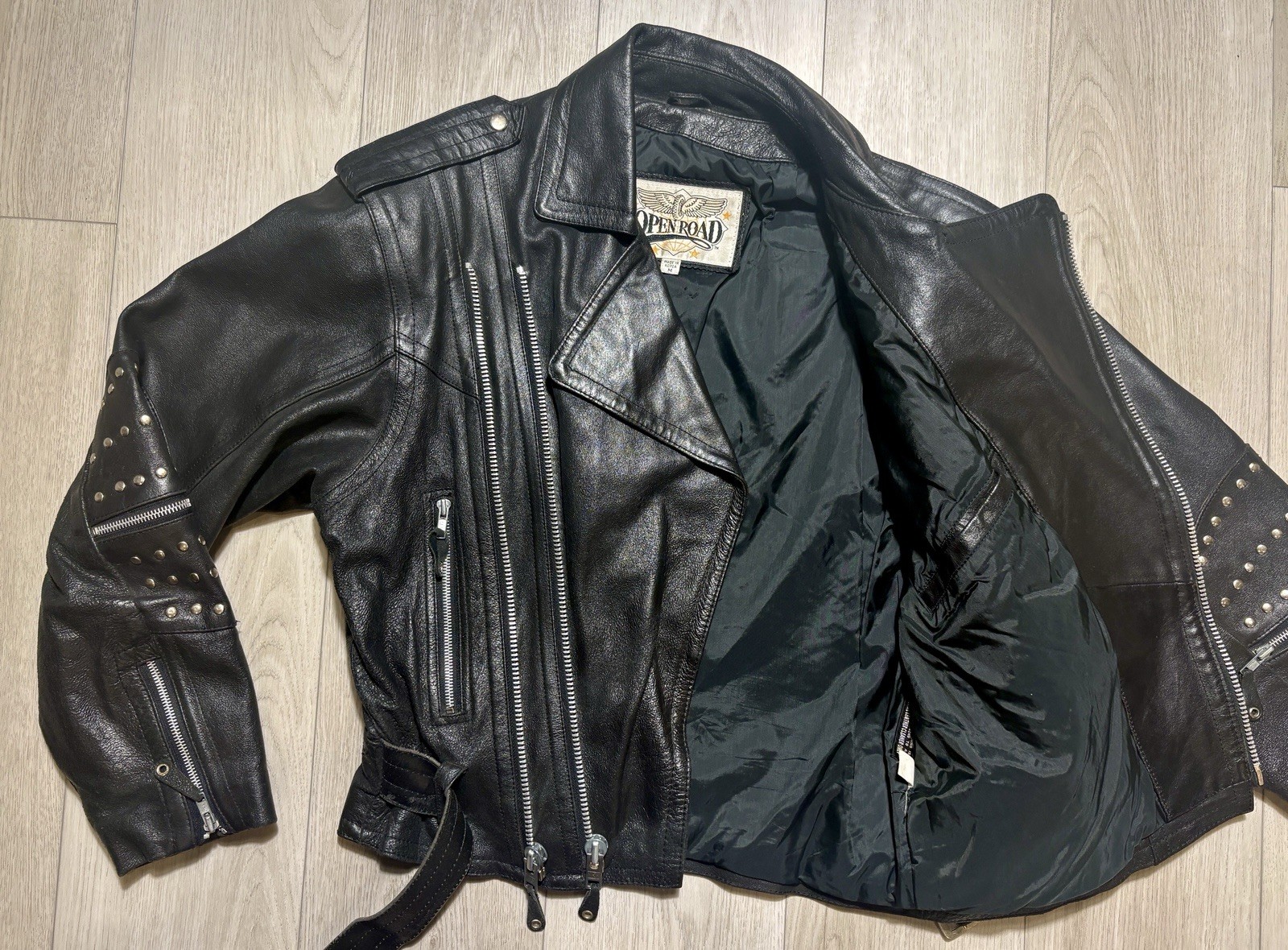 VTG 80s 90s Open Road Studded Leather Moto Jacket Brando Punk Biker Belted M