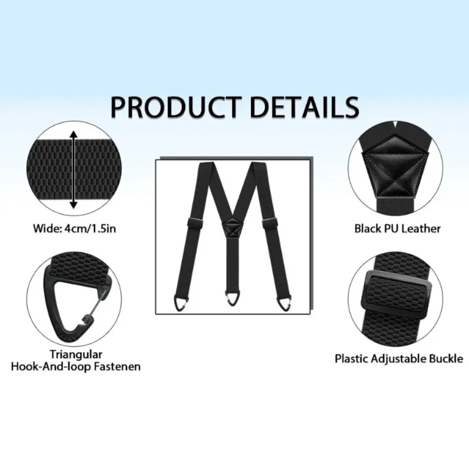 Heavy Duty Suspenders for Men Adjustable Elastic Y-Back 1.5 Inch Black Snap Hook