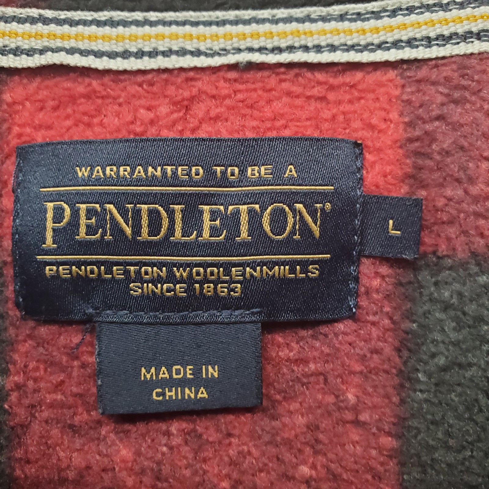 PENDLETON Jacket Mens Large Buffalo Plaid 1/4 Zip Long Sleeve Red Black