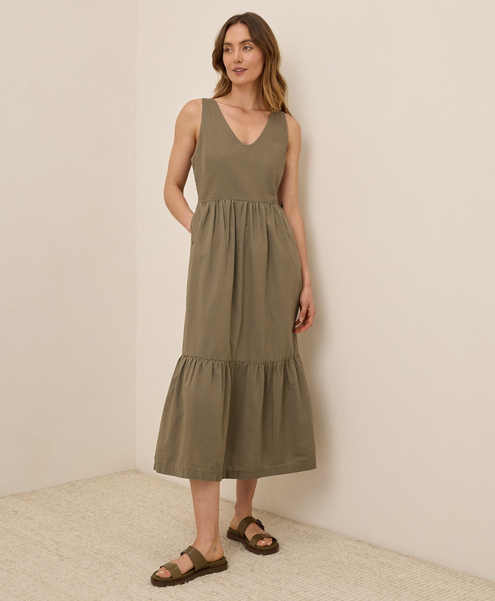 Pact Women’s Canopy Linen Blend Easy Tank Dress Small Khaki Green