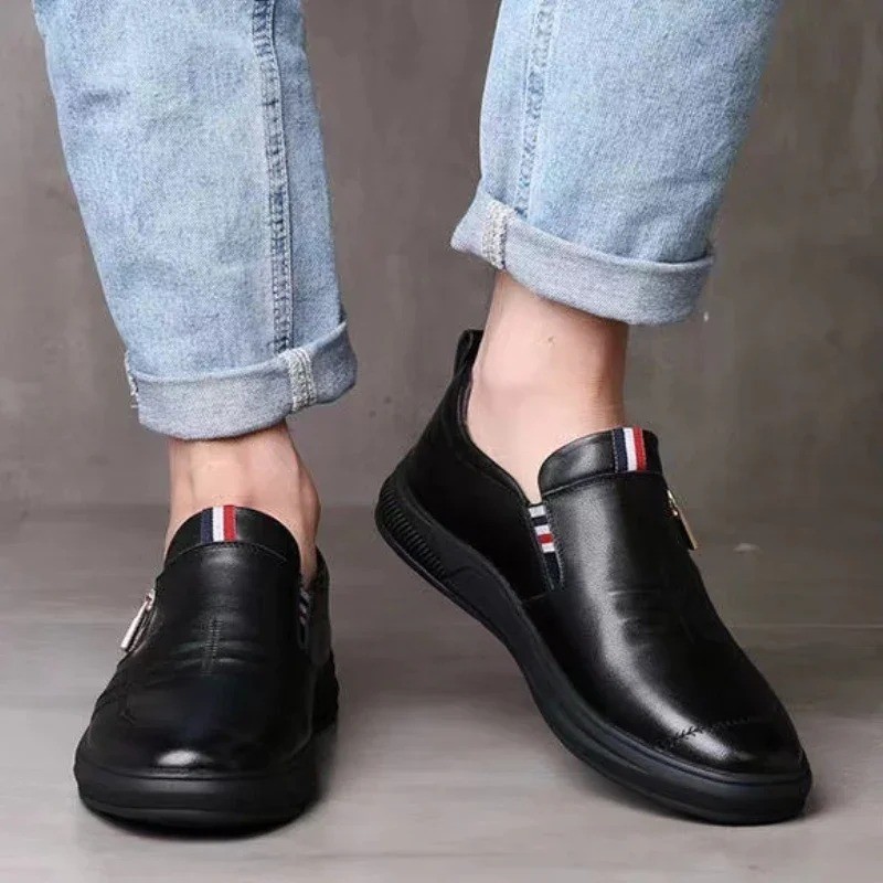 Men’s Leather Zip Sneakers Slip-On Moccasins Soft Sole Driving Casual Shoes