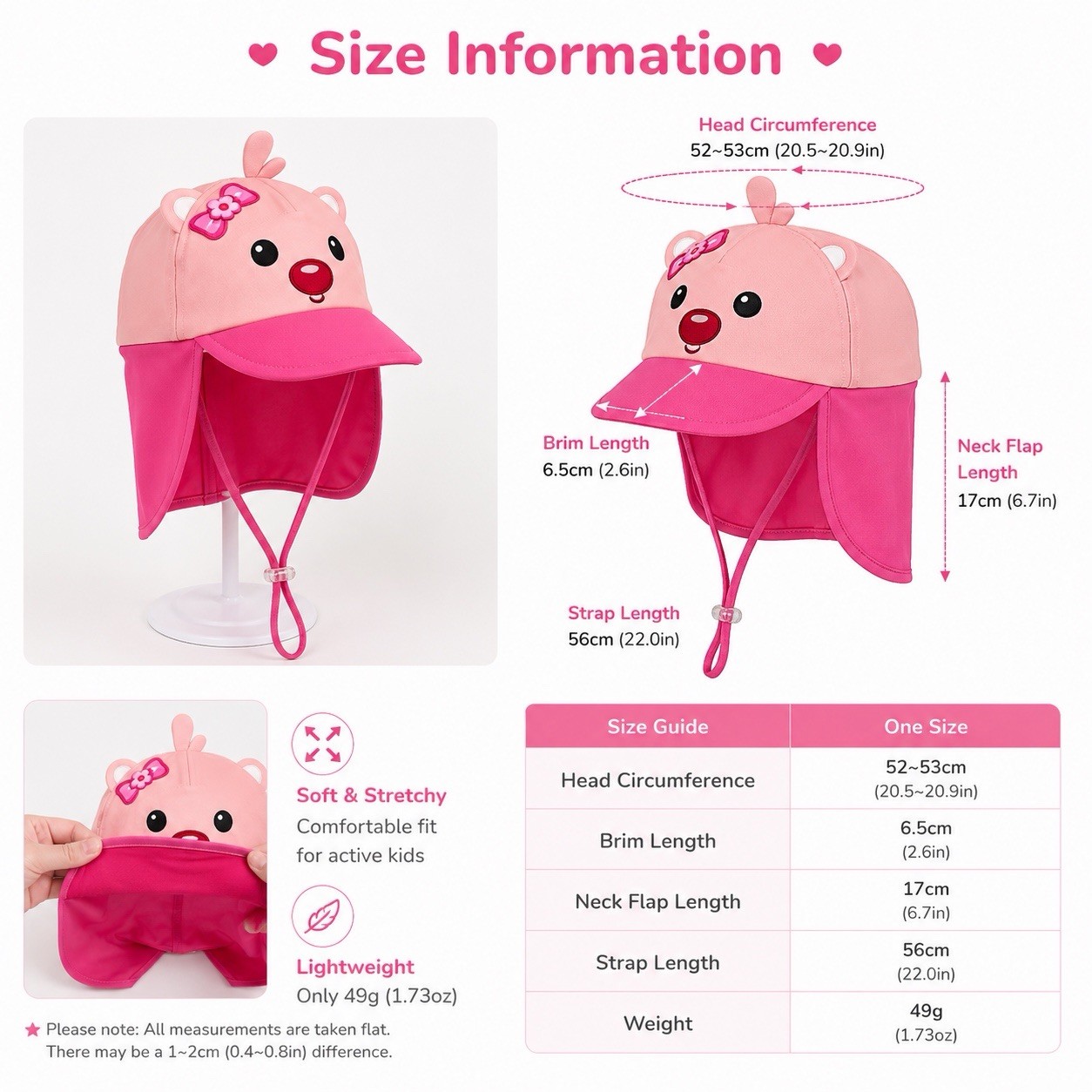 Pororo Loopy Kids Sun Hat Pink Neck Flap Cap Outdoor Beach Pool 52-53cm