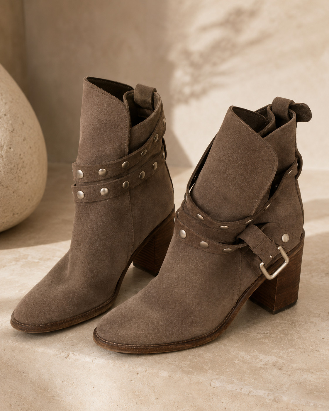 SEE BY CHLOE Janis Suede Studded Boot Womens 9 Taupe Suede Ankle Strap