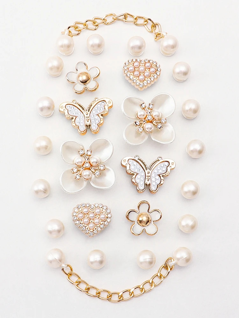 Pearl Shoe Charms Set Creative DIY Pink Shoe Flower Diamond Butterfly Rhinestone