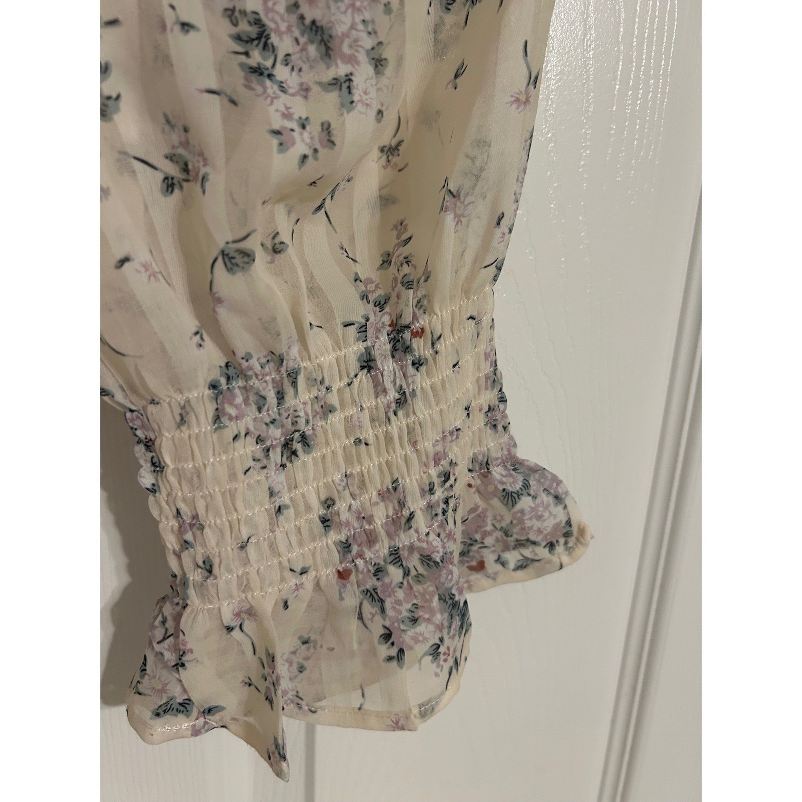 Collective Rack Floral Smocked Crop Top Cream Purple Sheer Balloon Sleeve Blouse