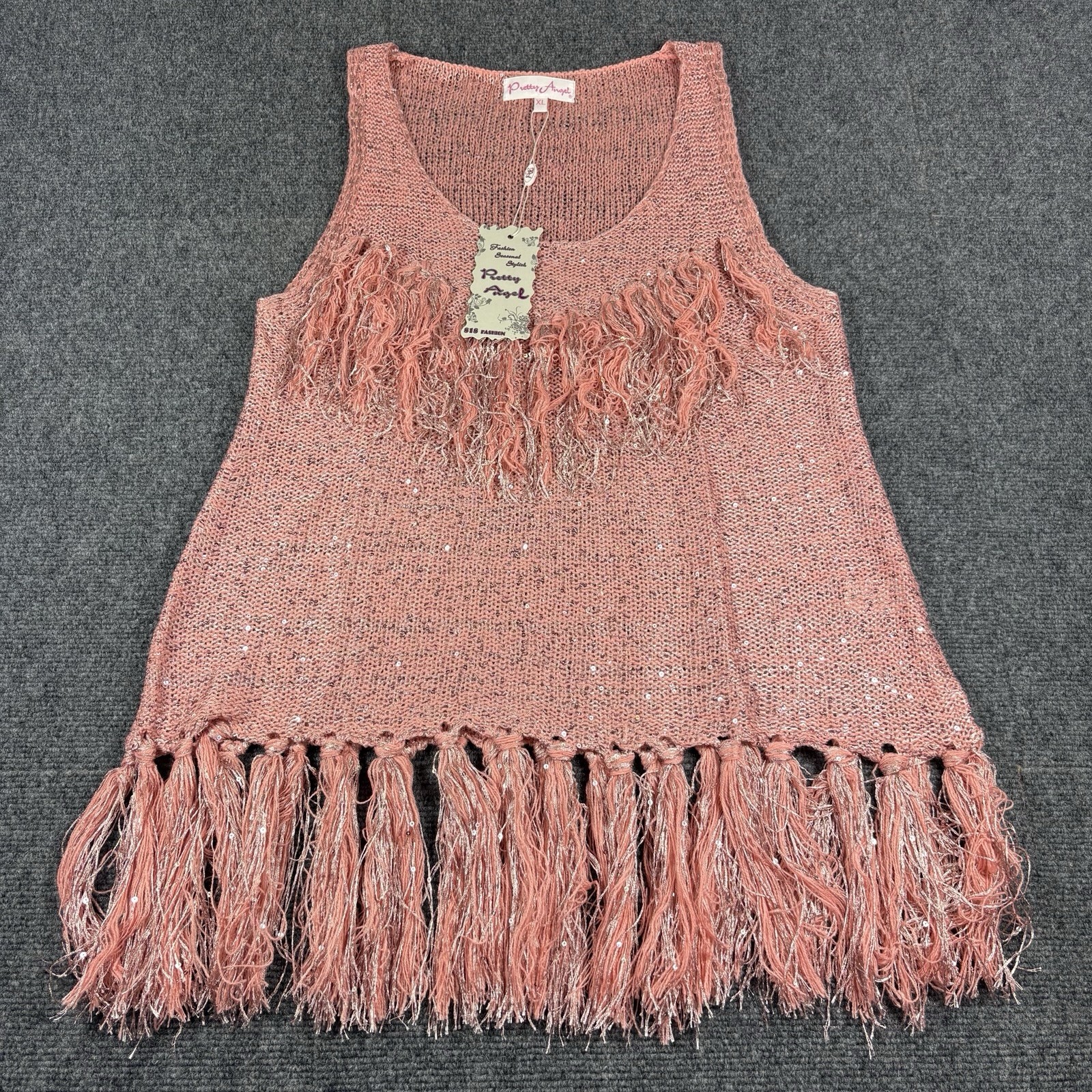 Pretty Angel Womens Crochet Linen Blend Pink Fringed Top Size XL Coastal Cowgirl