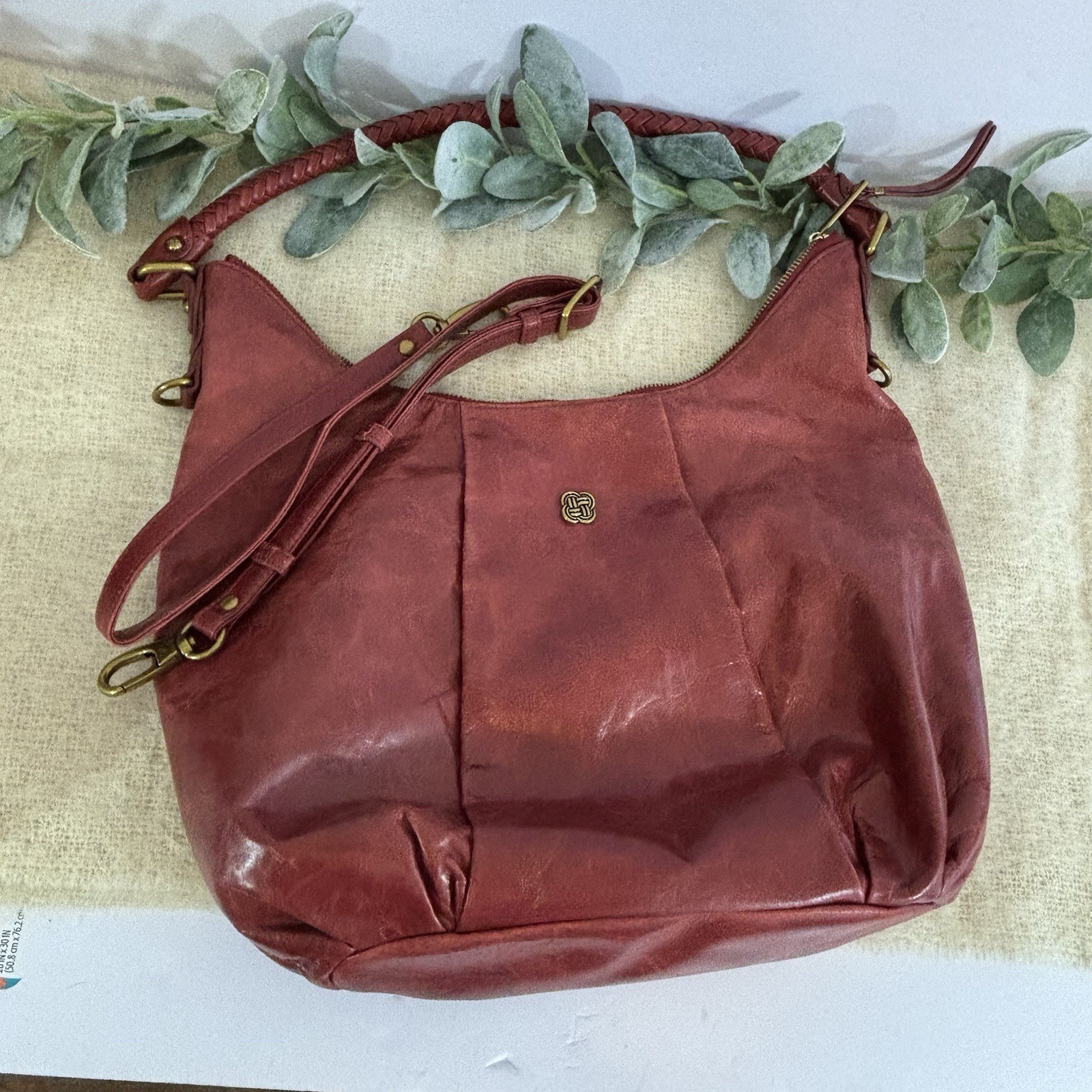 Elliott Lucca Cordoba Leather Bag Red Braided Handle Detachable Strap