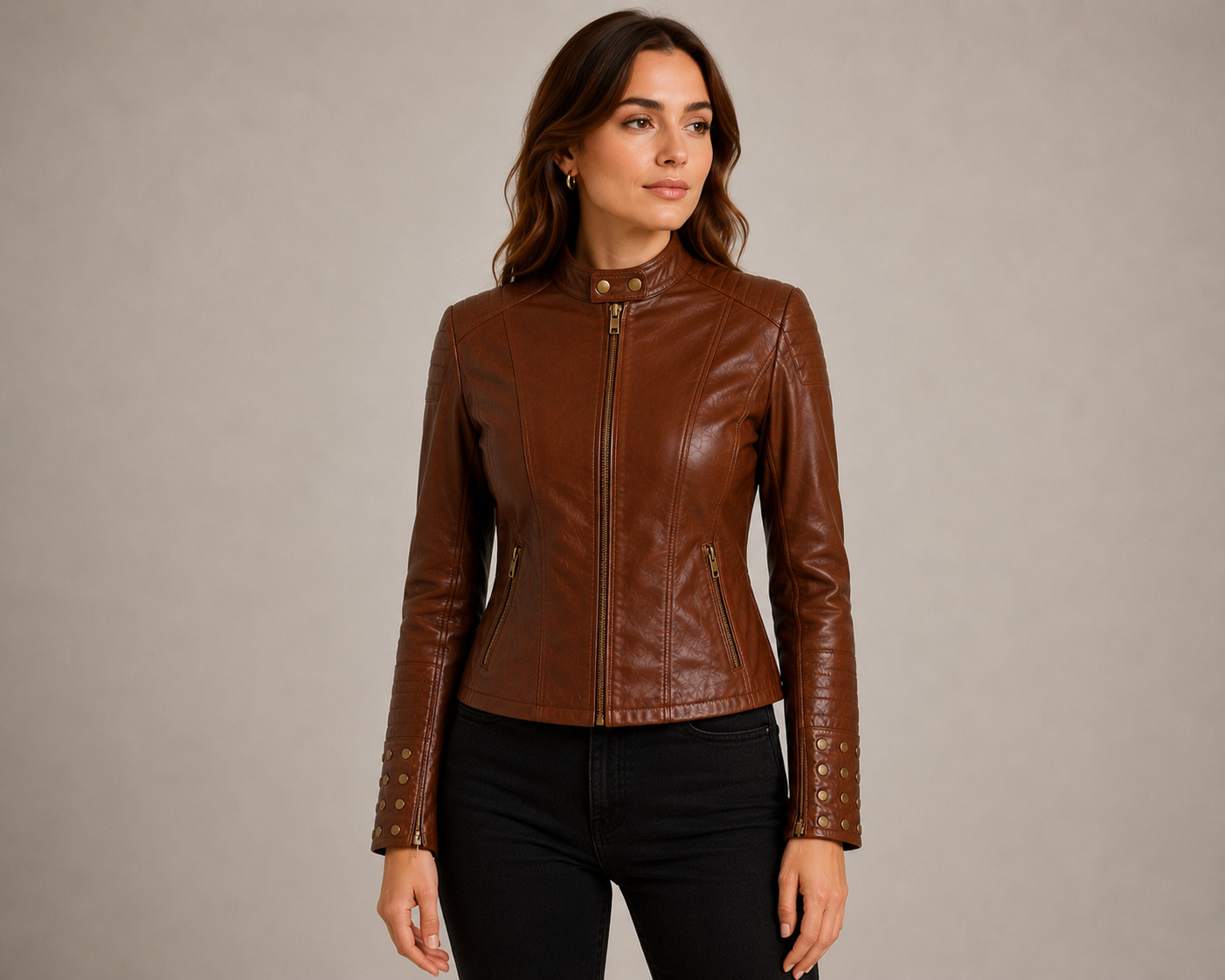 Womens Brown Leather Biker Jacket – Moto Cafe Racer – Slim Fit – Motorcycle Coat